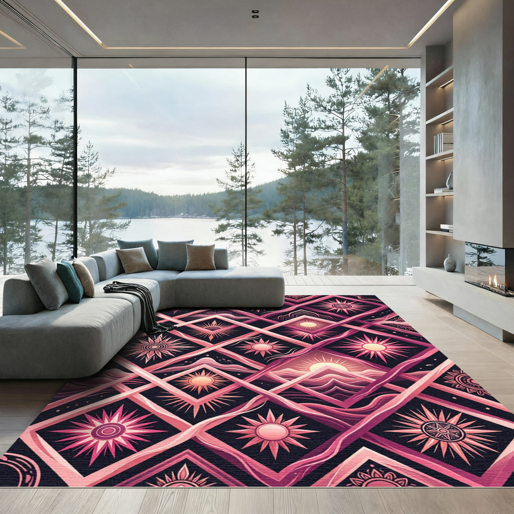Celestial Sun Diamond Geometric Pink Art Rug