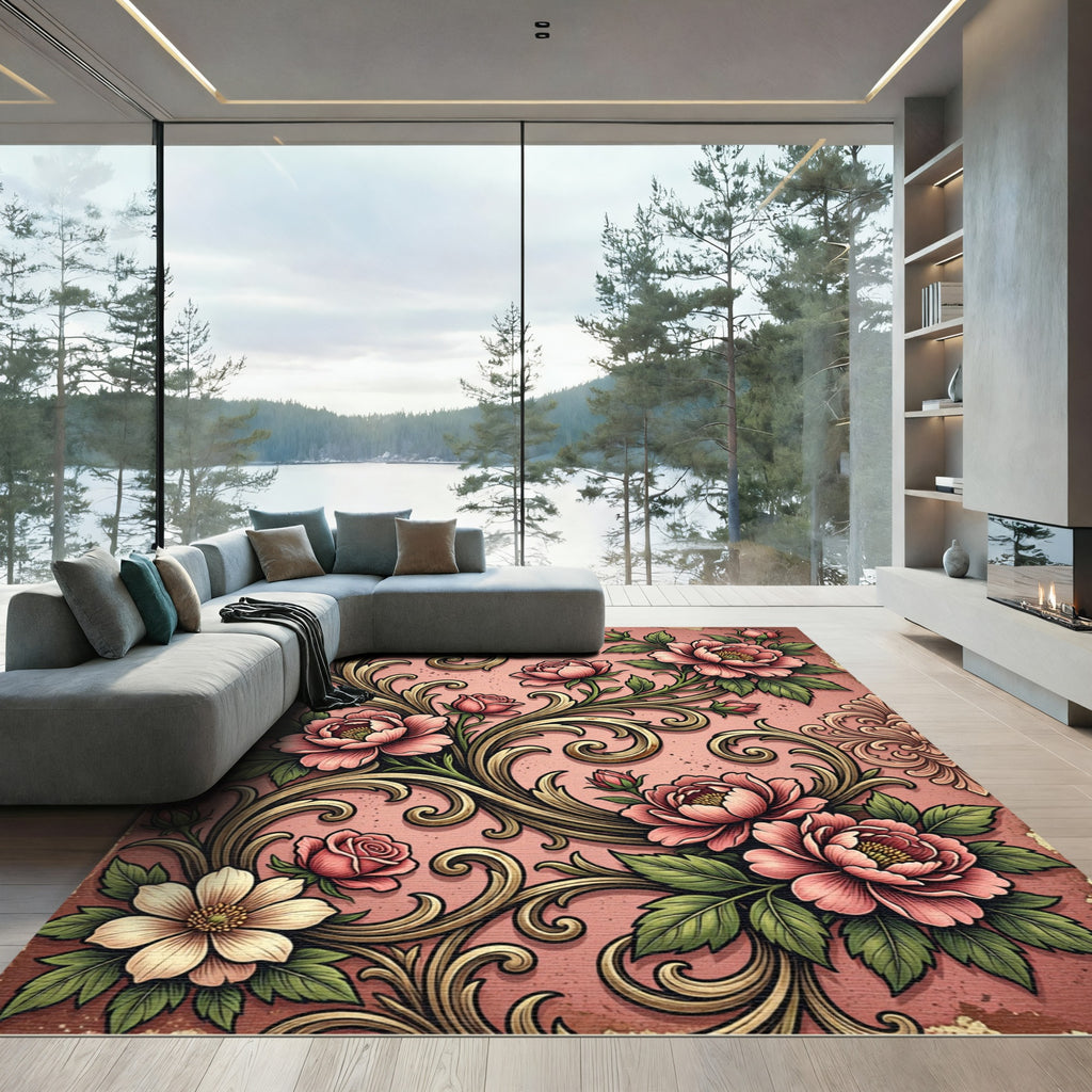 Vintage Pink Peony Floral Scrollwork Rug