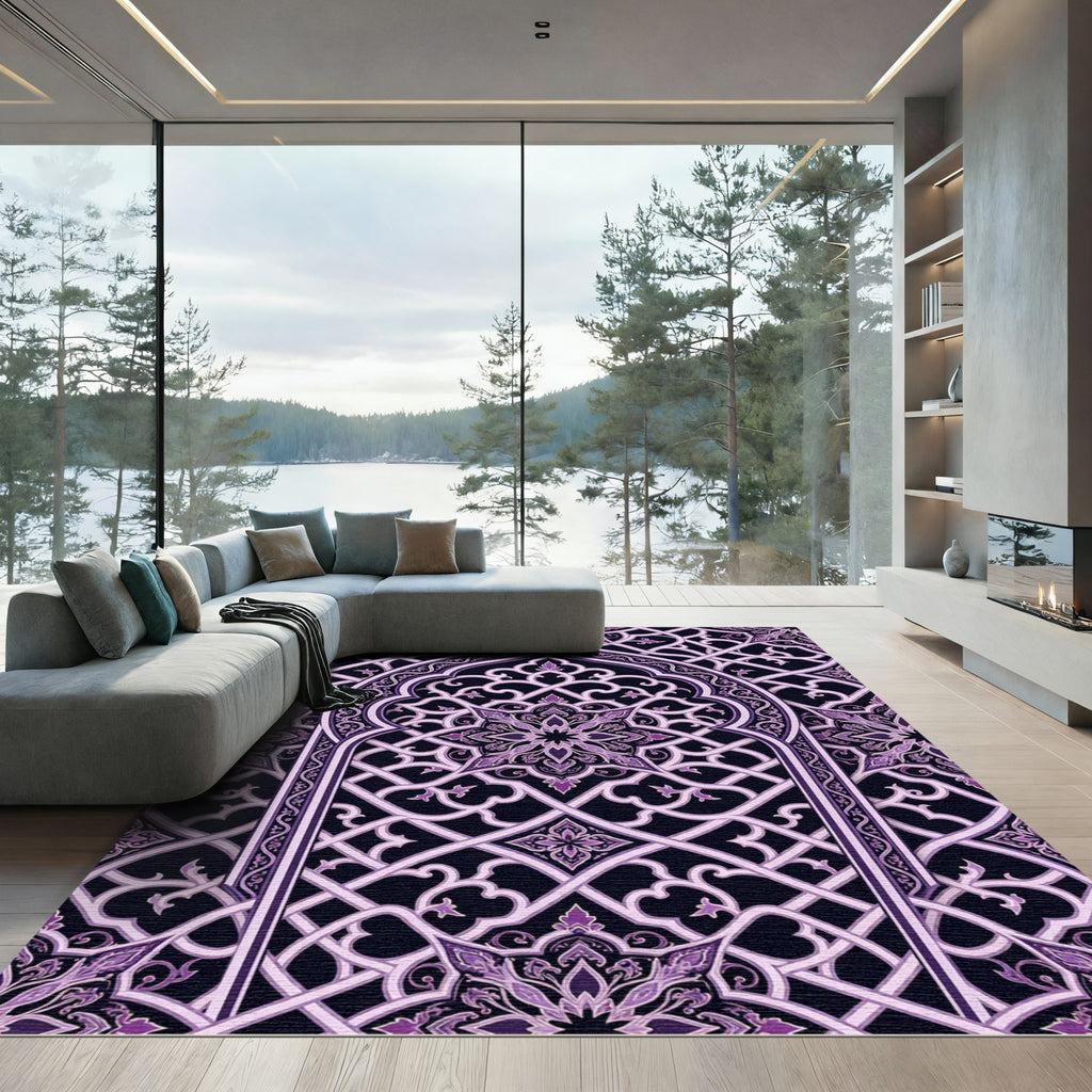 Ornate Violet Damask Lattice Arch Rug