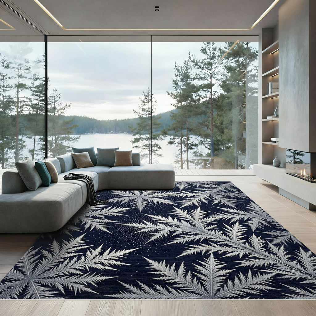 Monochrome Metallic Icy Frost Leaf Rug