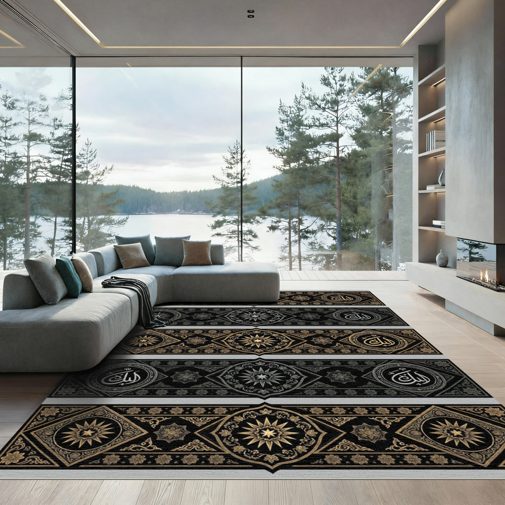 Intricate Gold Black Starburst Medallion Runner Rug