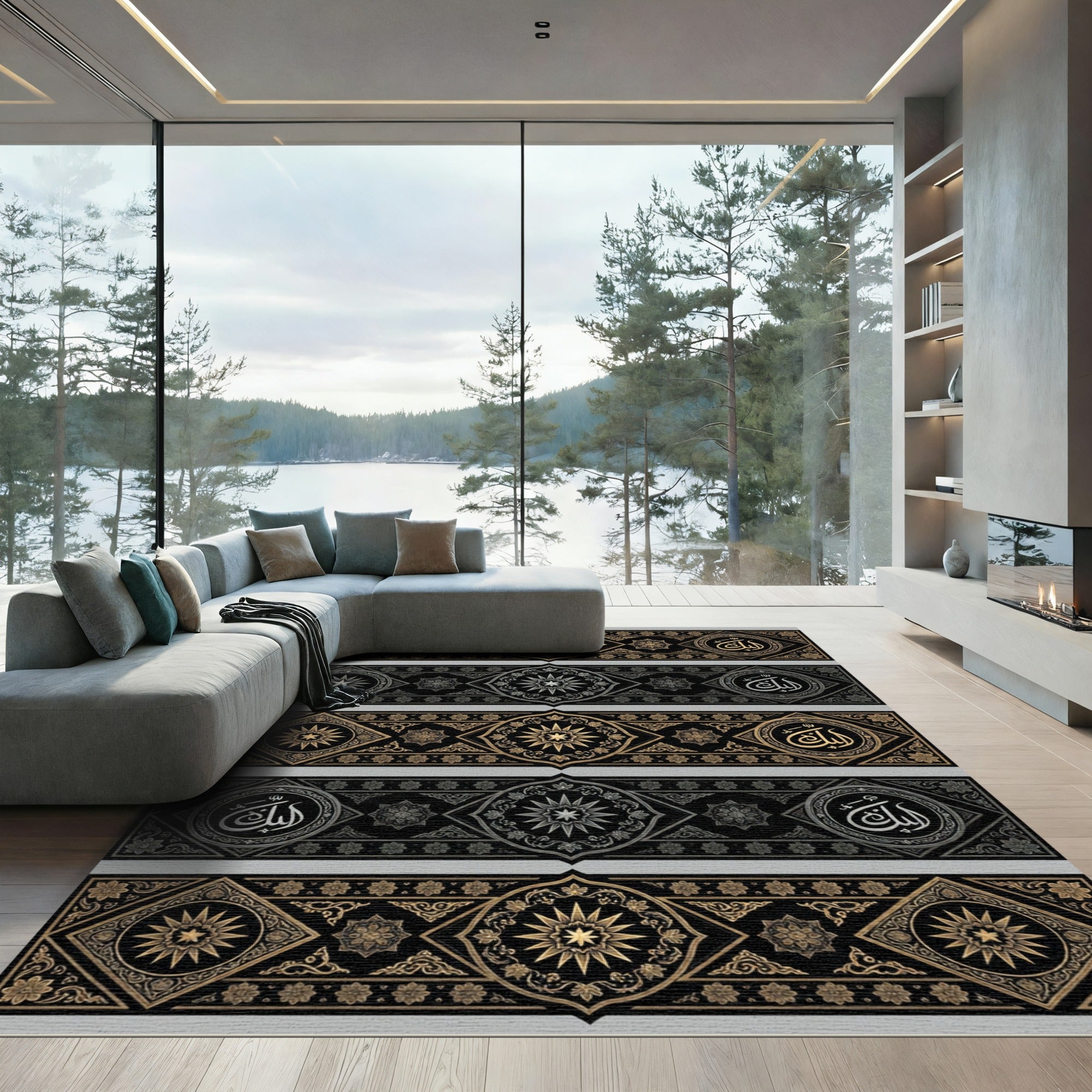 Intricate Gold Black Starburst Medallion Runner Rug