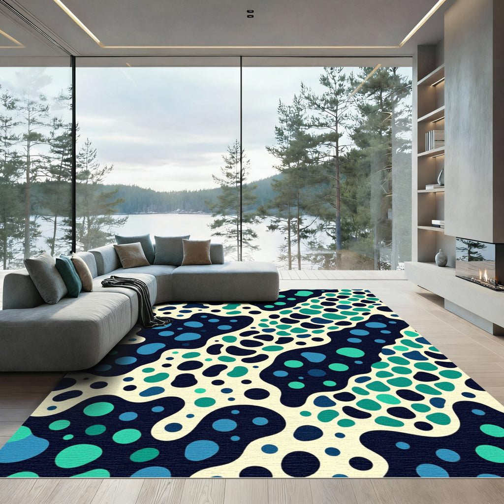 Abstract Teal Blue Fluid Polka Dot Rug