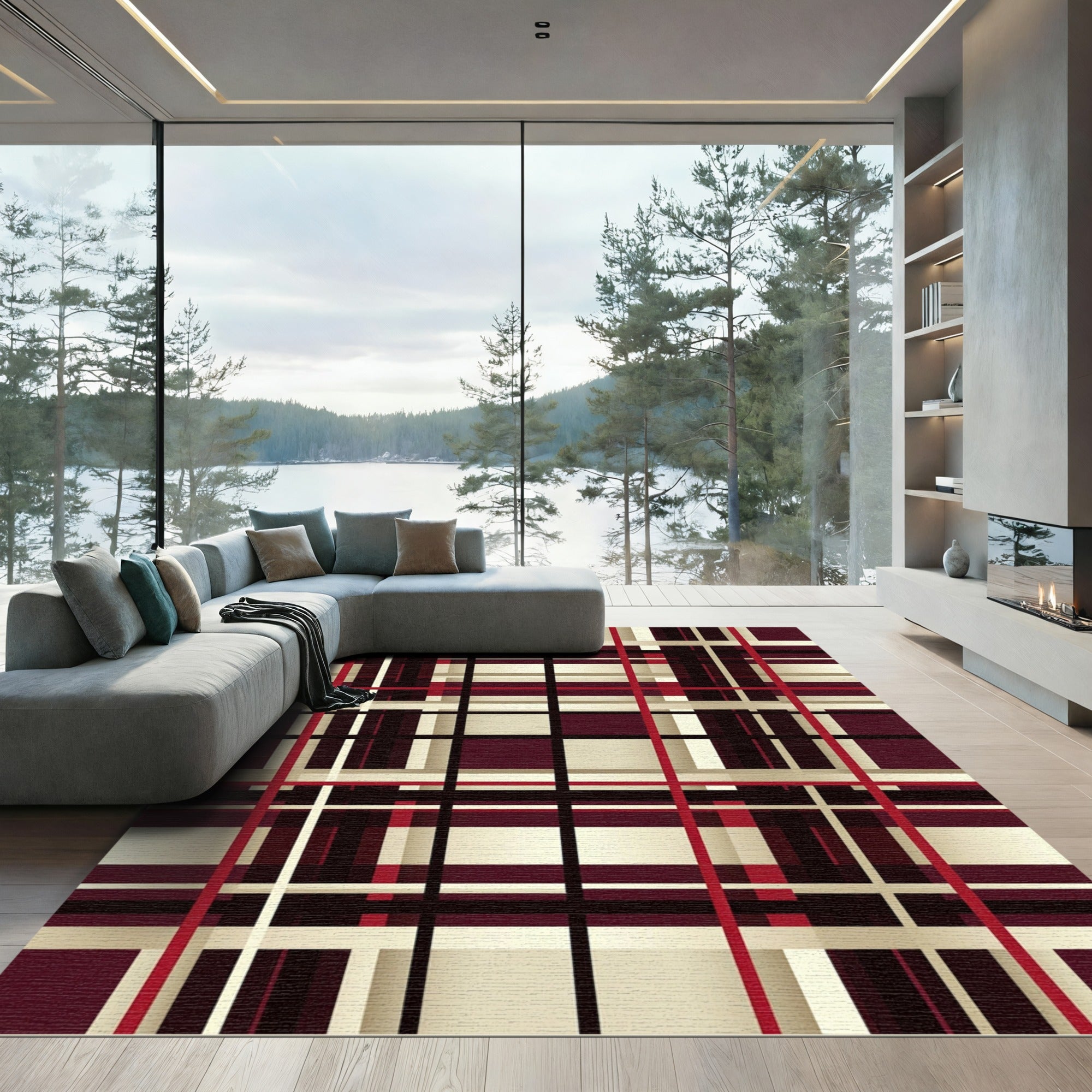 Deep Burgundy Plaid Geometric Lines Rug
