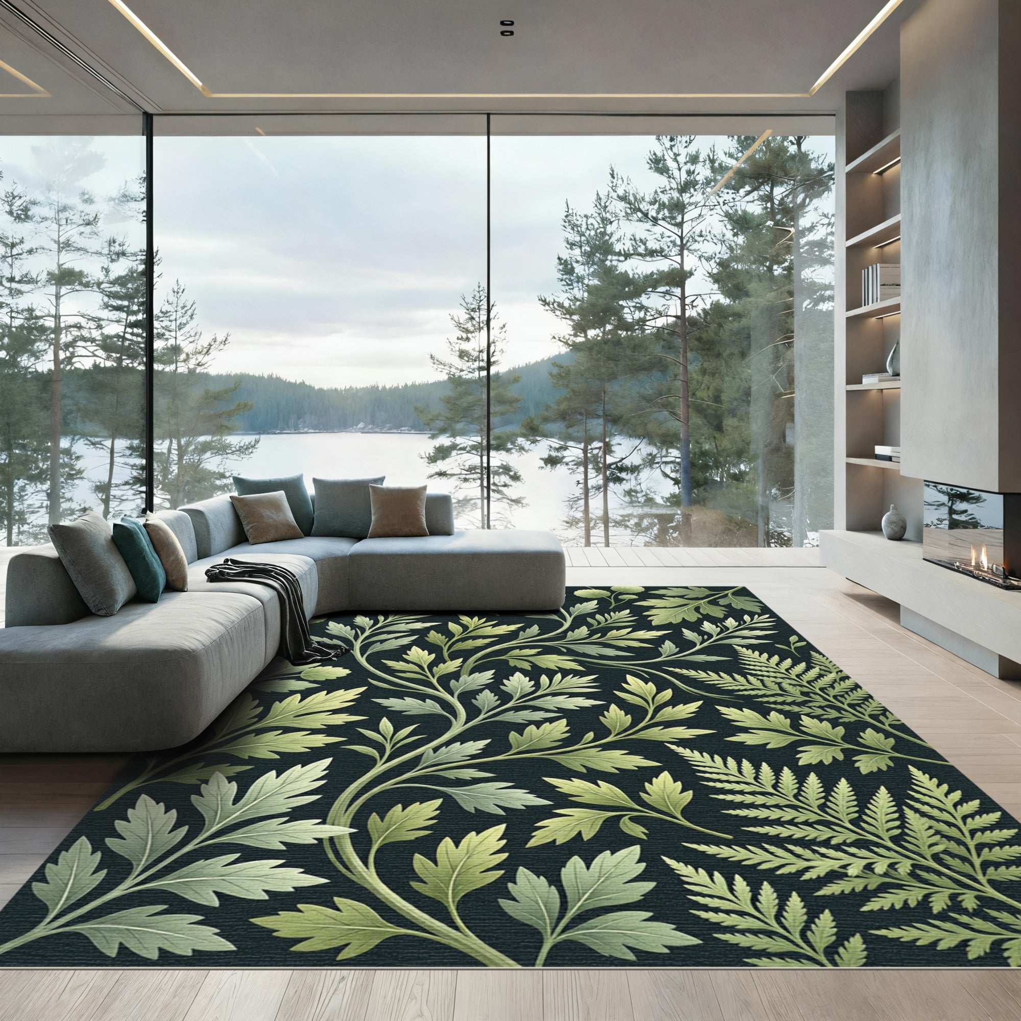 Lush Green Botanical Fern Foliage Rug