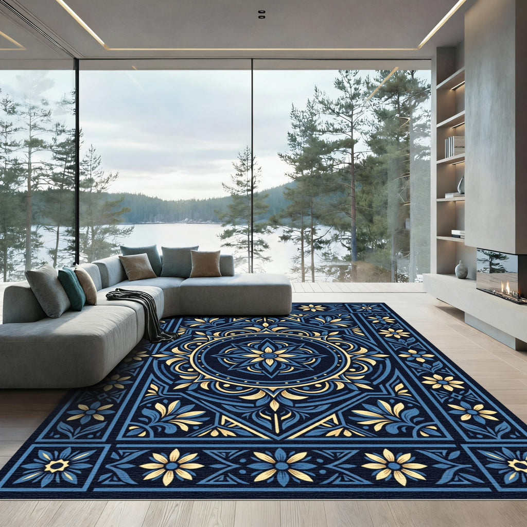 Navy Blue Golden Floral Mandala Rug