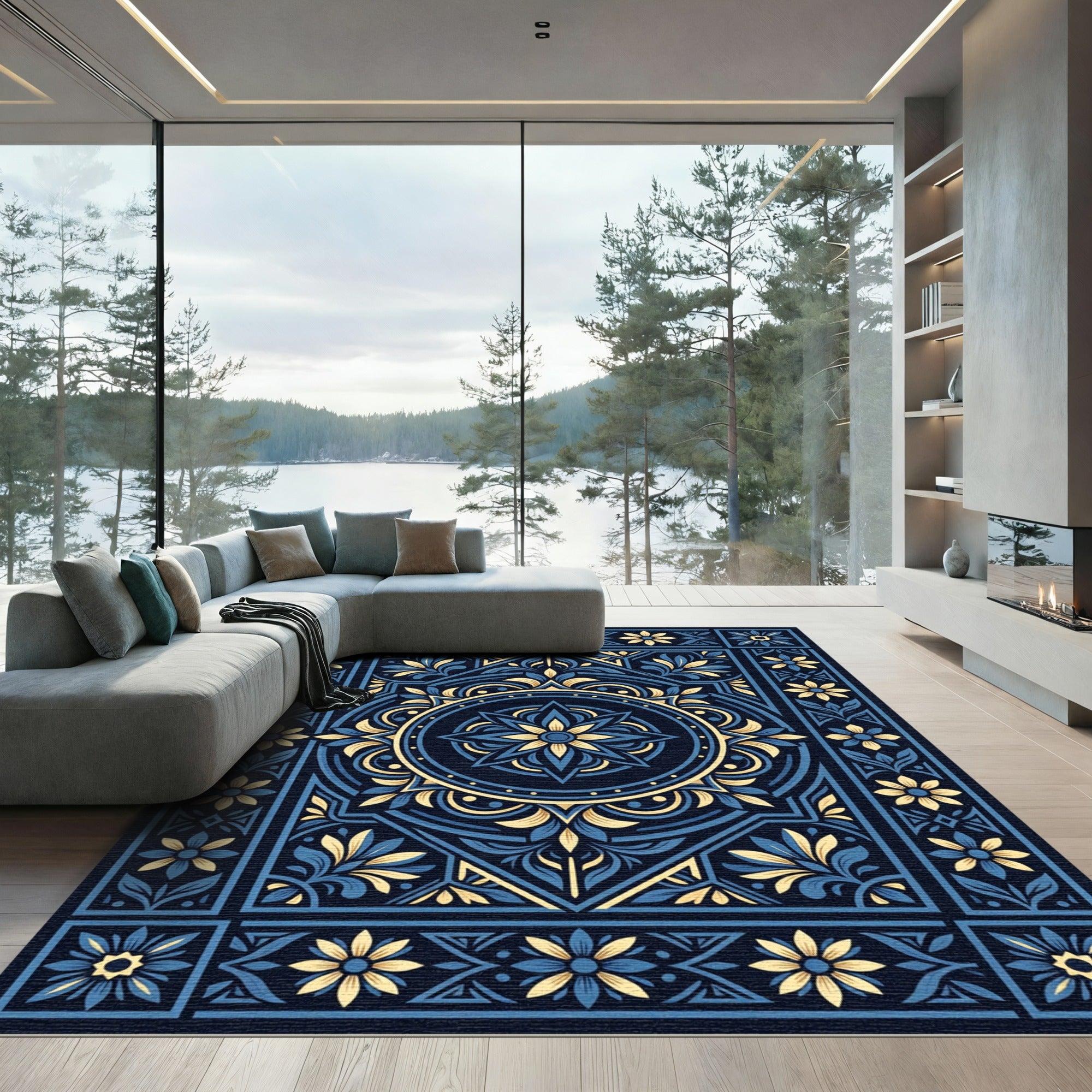 Navy Blue Golden Floral Mandala Rug