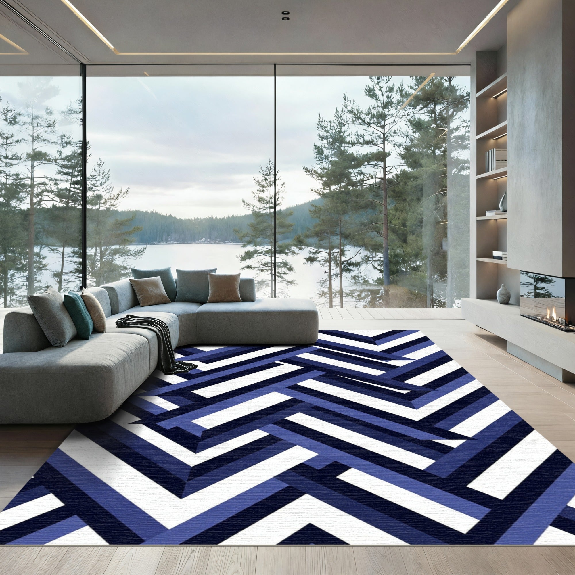 Geometric Navy Blue Herringbone Interwoven Rug