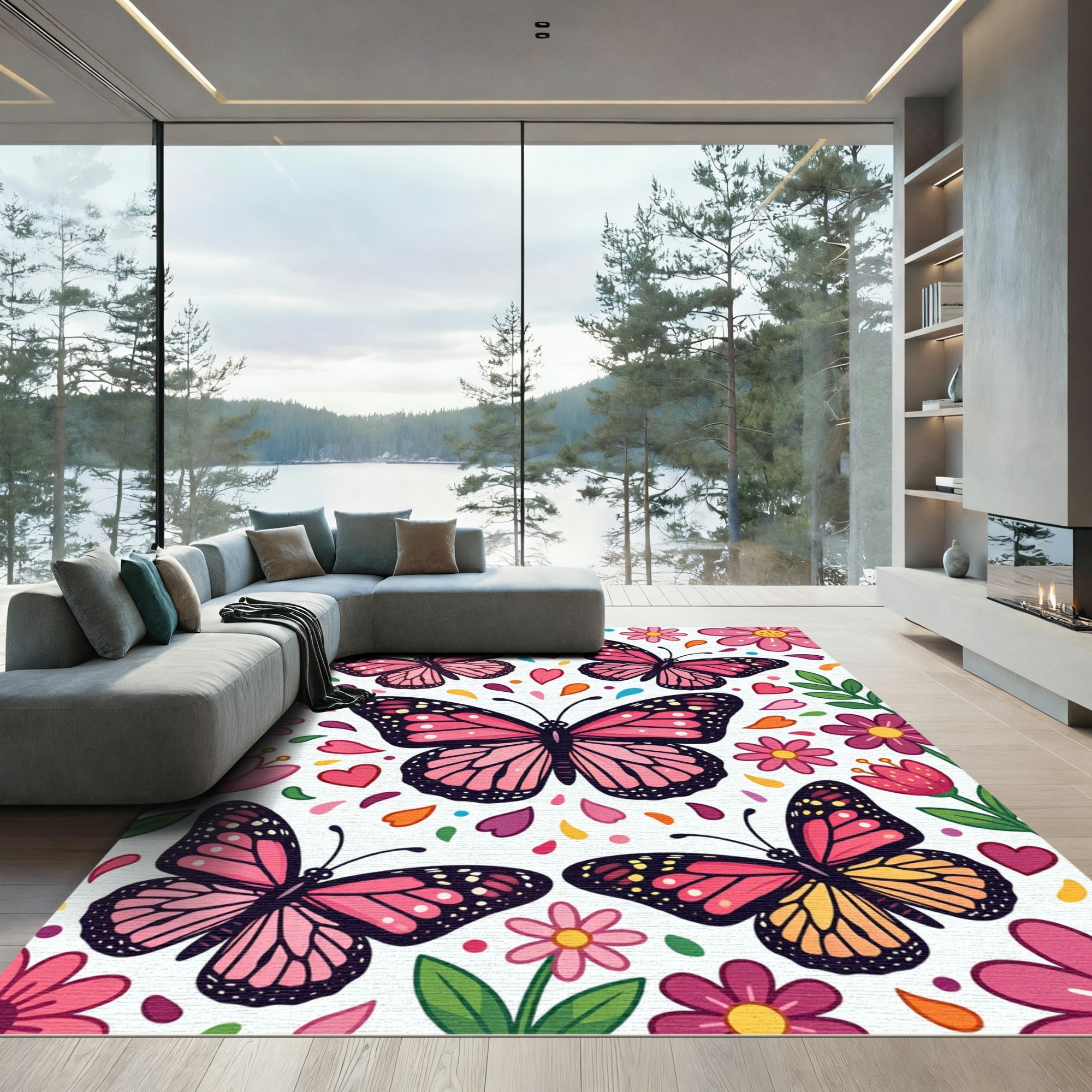 Pink Butterfly and Floral Confetti Meadow Rug