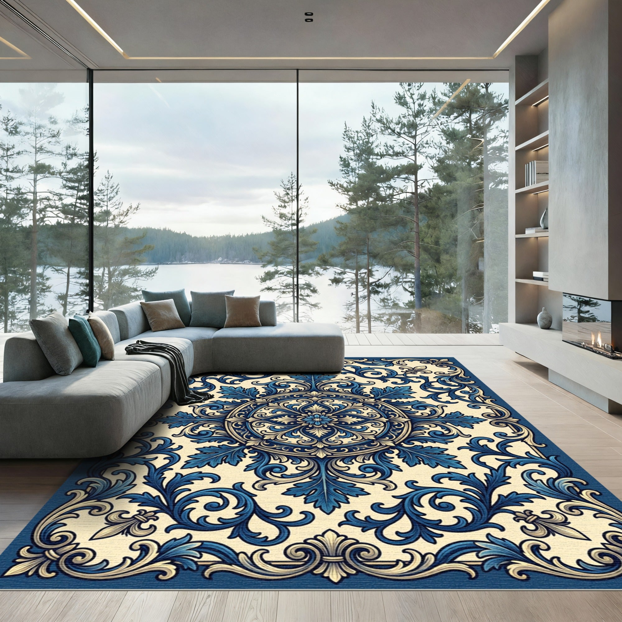 Ornate Blue Scroll Medallion Accents Rug