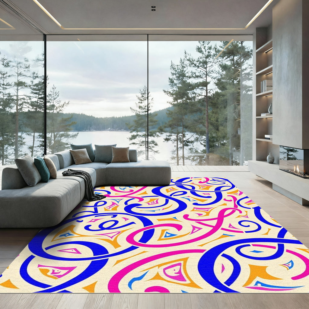 Bold Royal Blue Pink Calligraphic Swirls Rug