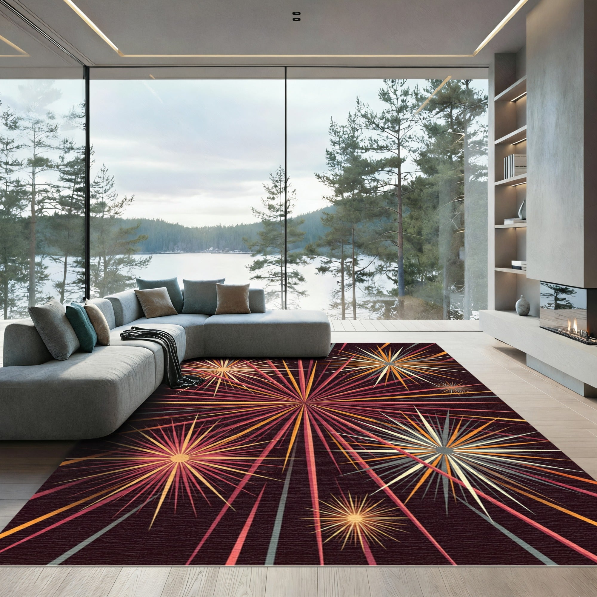 Explosion Starburst Crimson Gold Yellow Rug