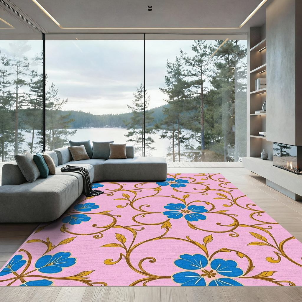 Blue Floral Vines on Pink Background Rug