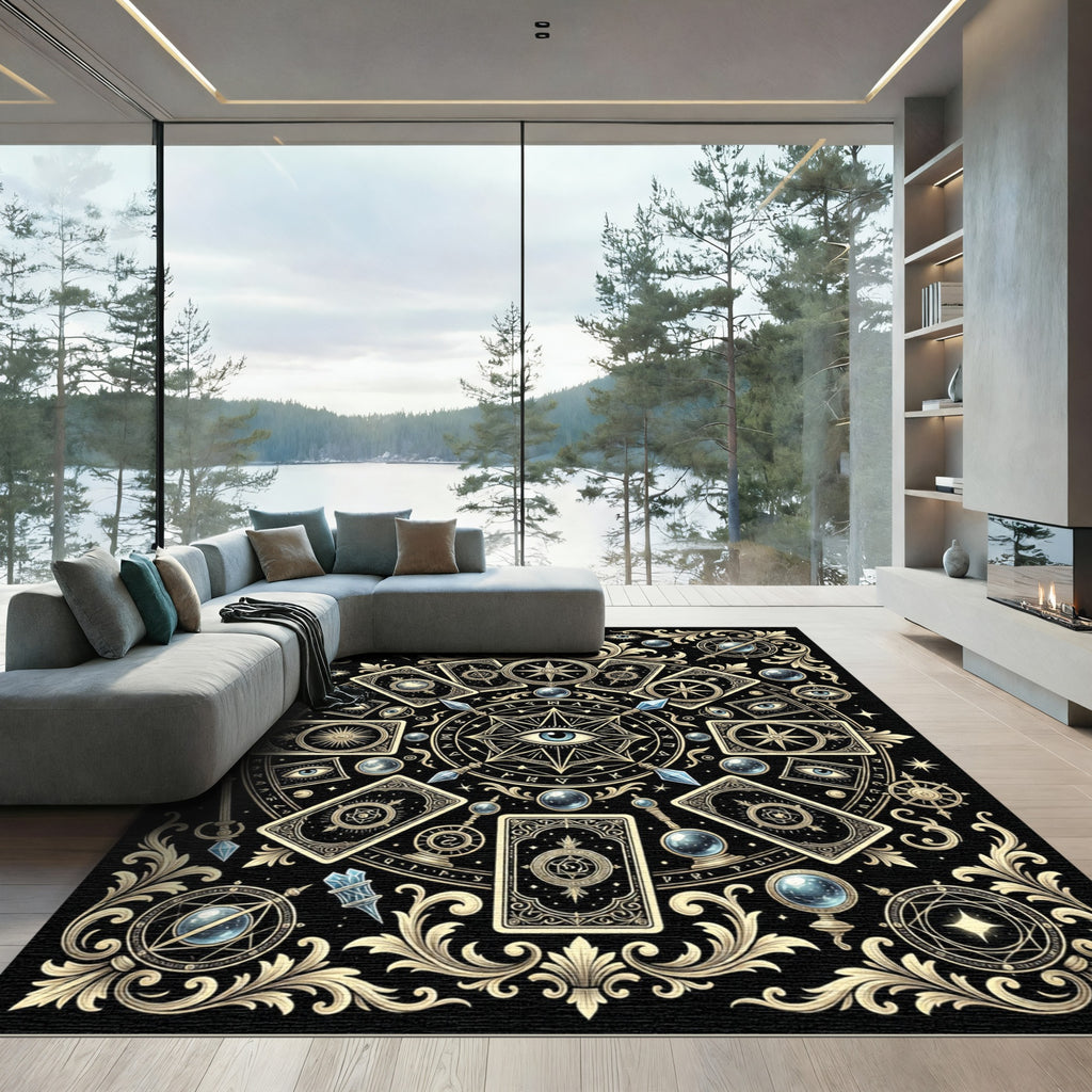 Mystical Celestial Tarot Eye Black Gold Rug