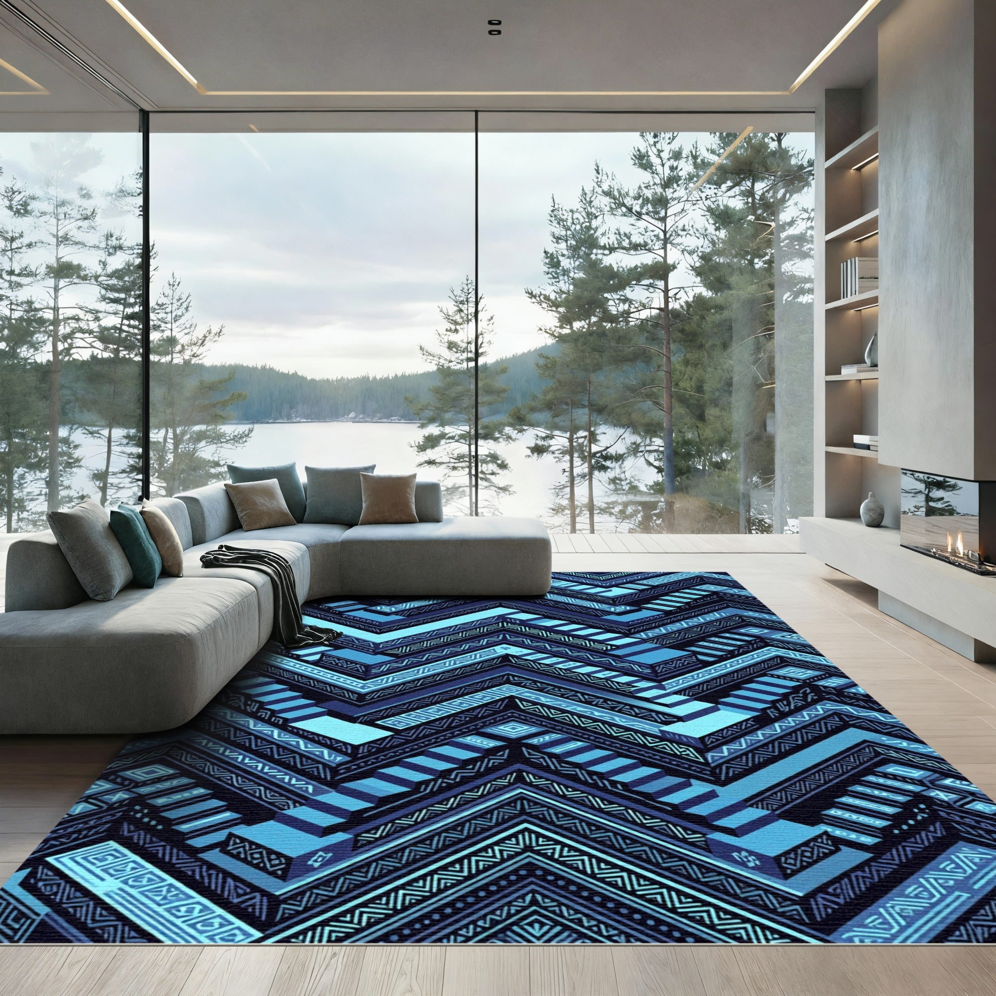 Geometric Blue Tribal Zigzag Staircase Rug