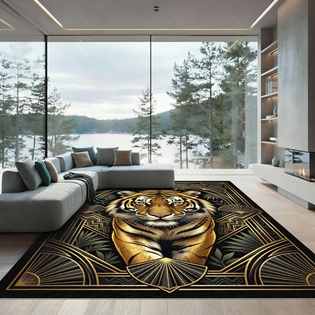 Art Deco Golden Tiger Regal Frame Rug