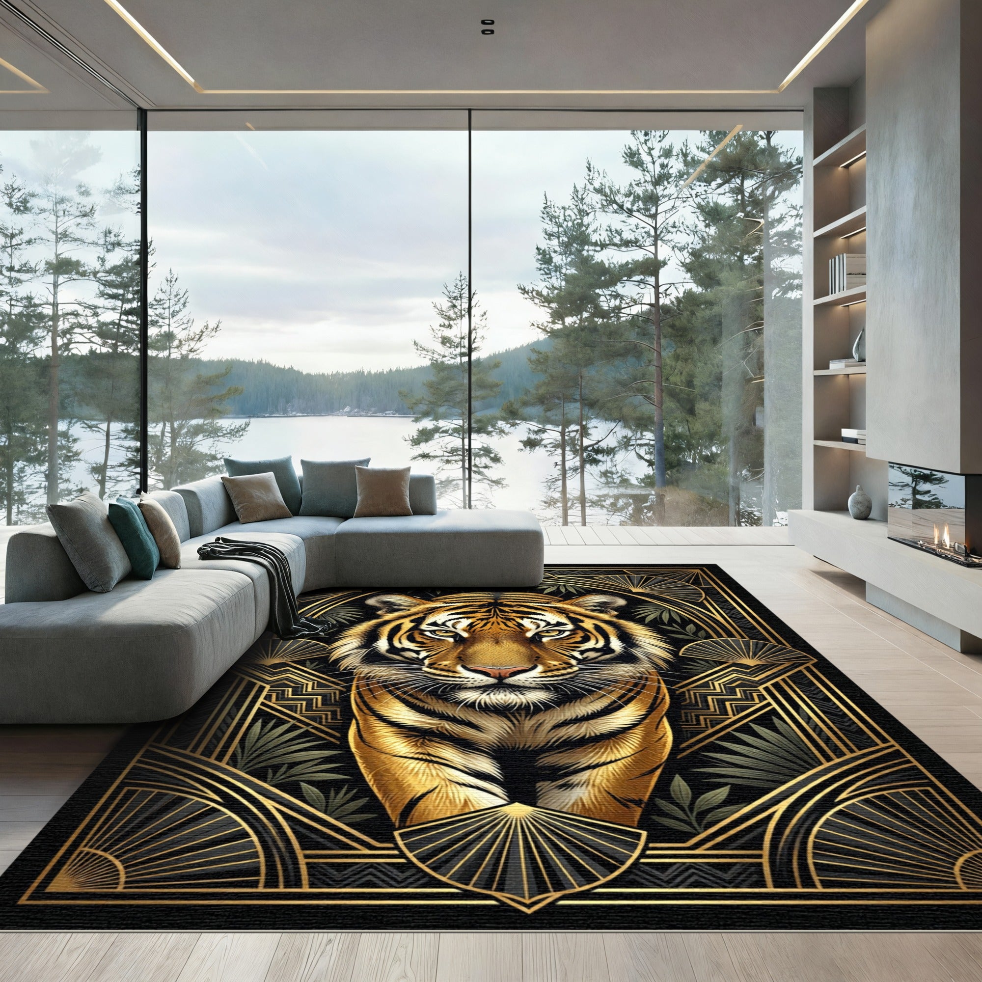 Art Deco Golden Tiger Regal Frame Rug