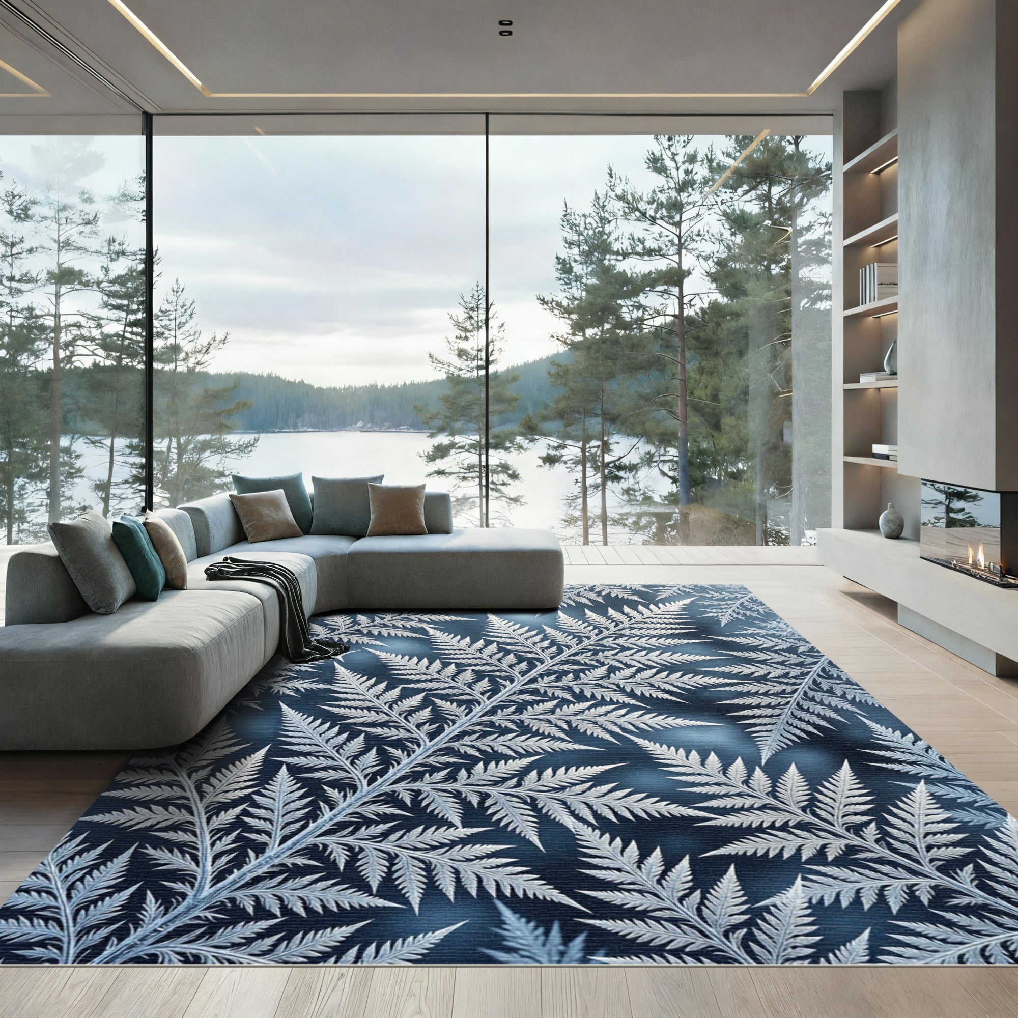 Frosty Blue Fern Botanical Foliage Rug