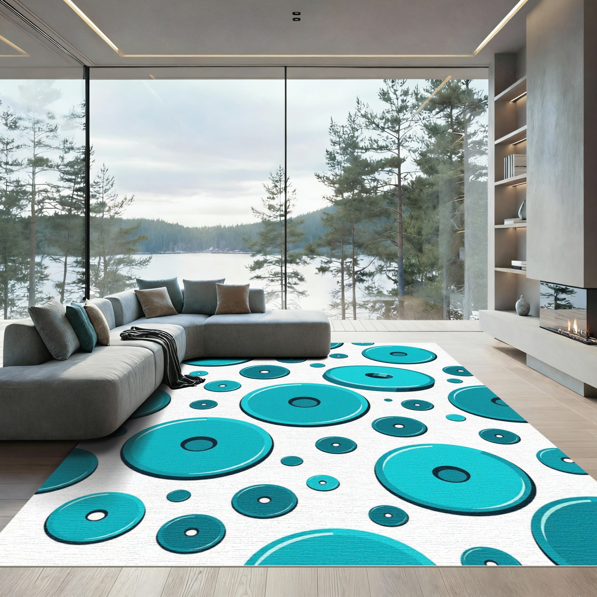 Teal Circular Overlaying Contemporary Arrangement Rug