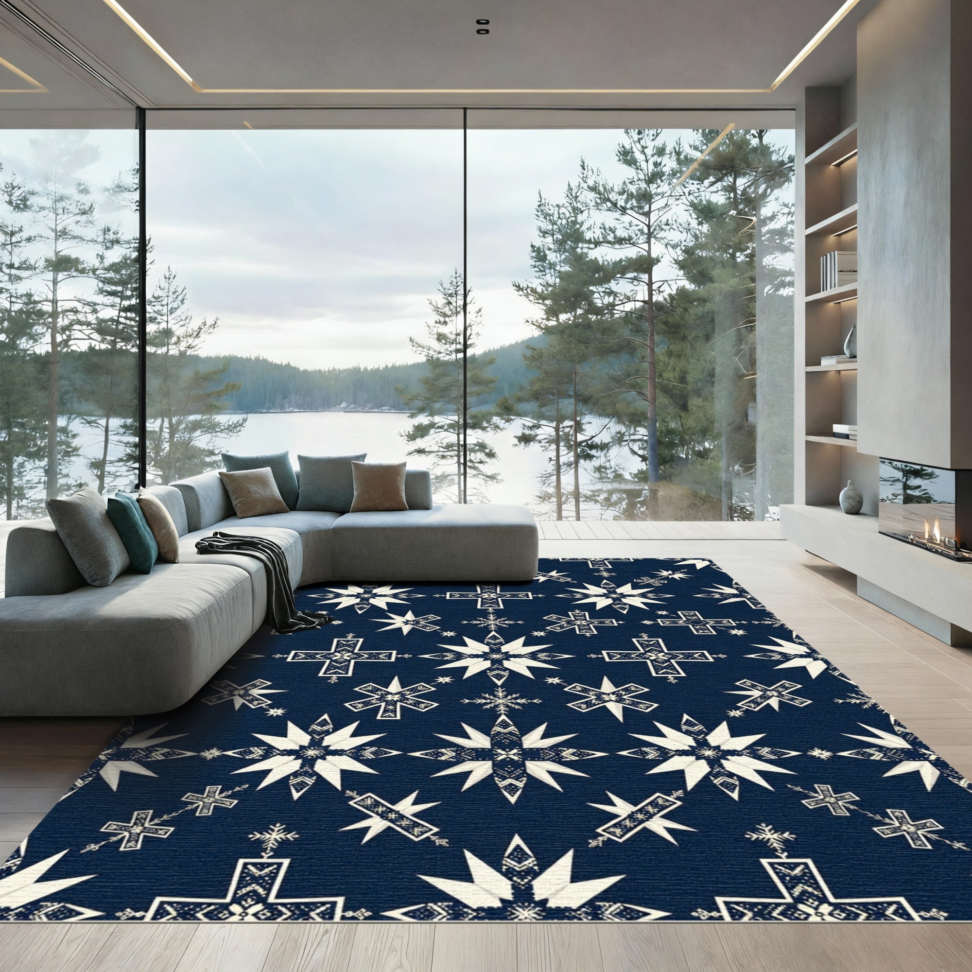 Midnight Blue Starry Folk Crosses Rug