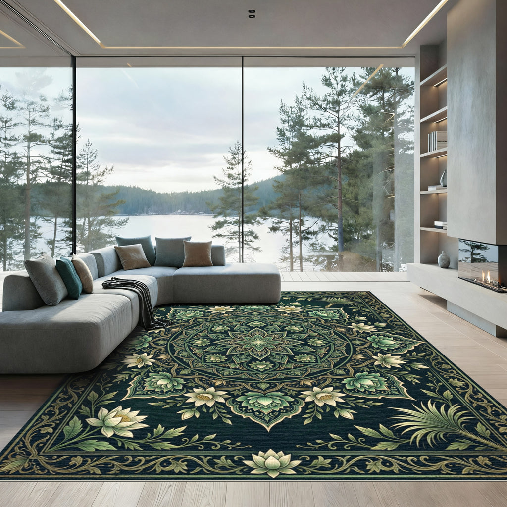 Emerald Green Floral Lotus Mandala Rug