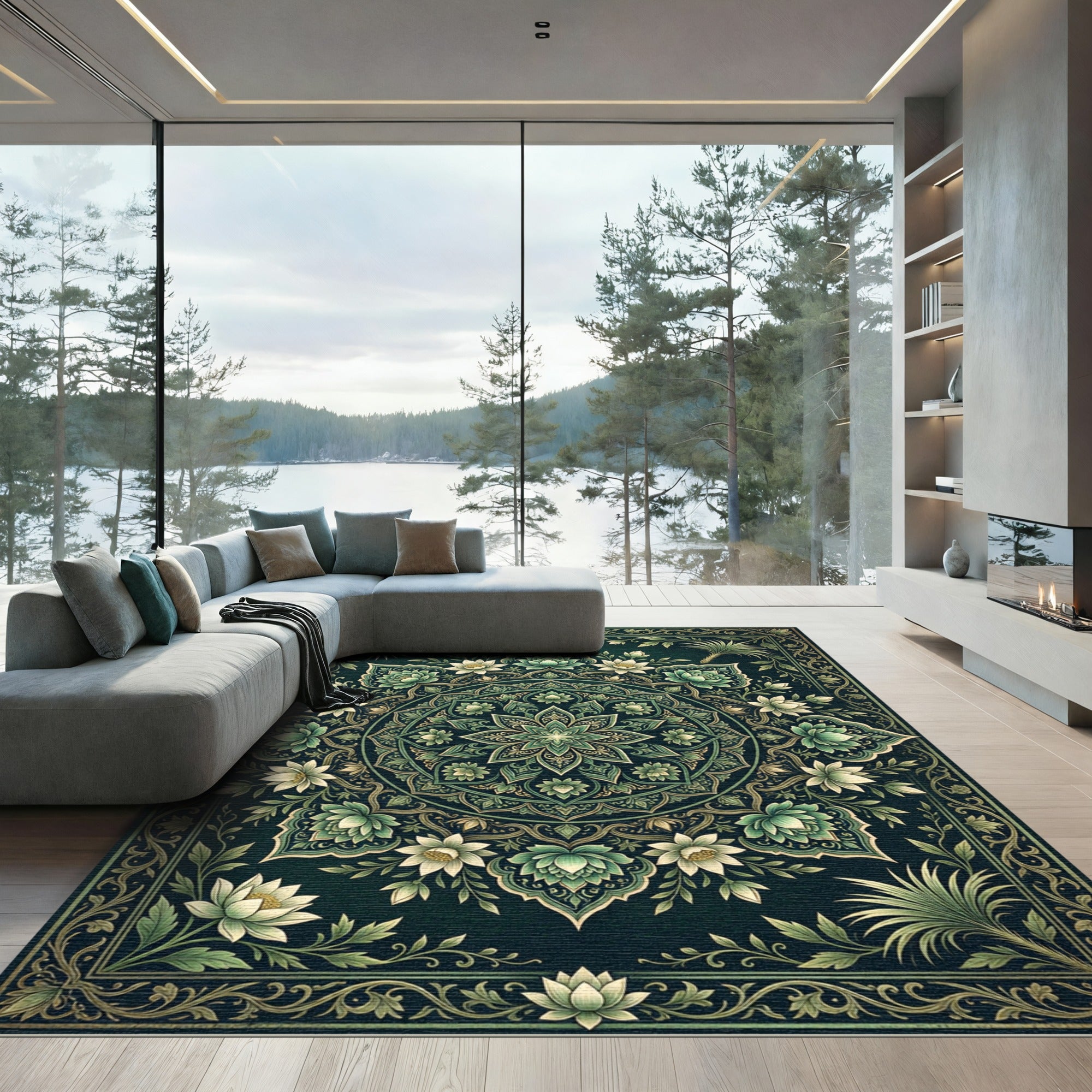 Emerald Green Floral Lotus Mandala Rug
