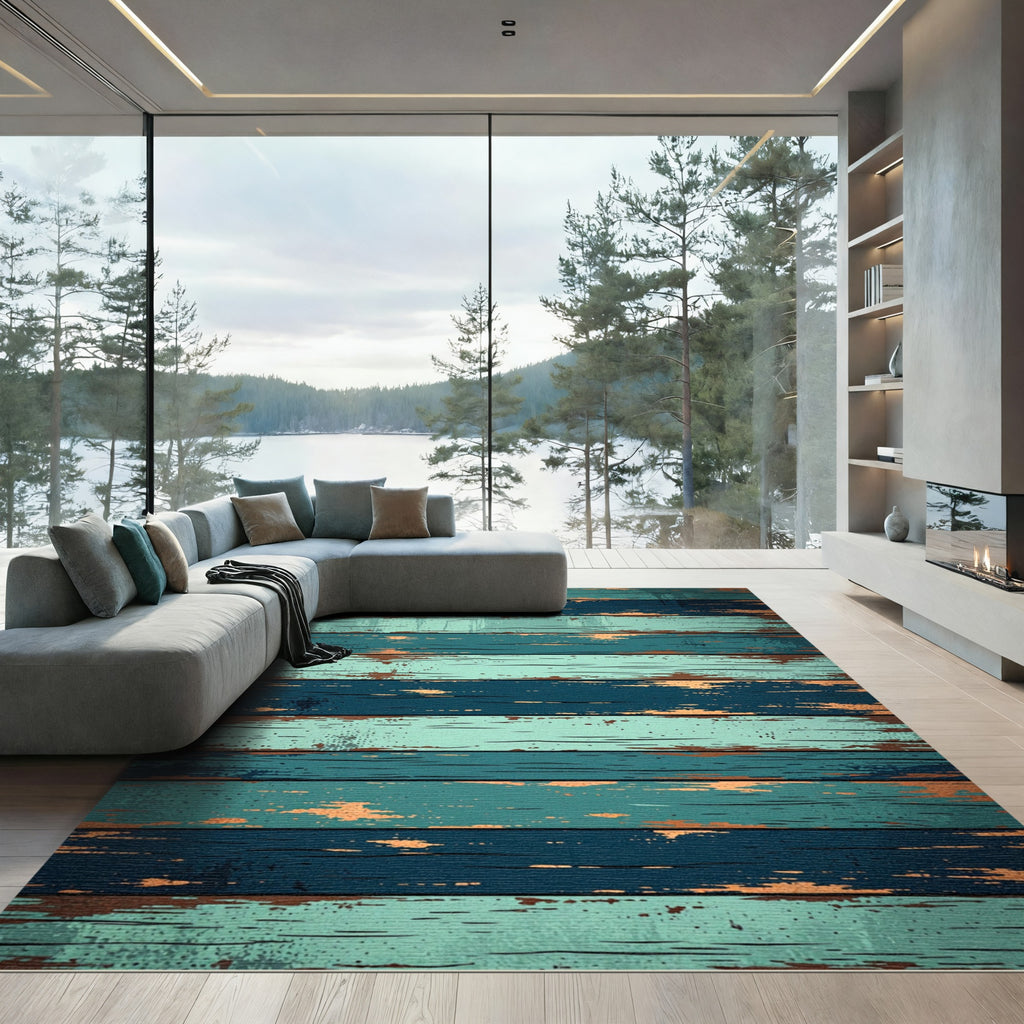 Distressed Teal Navy Plank Texture Rug