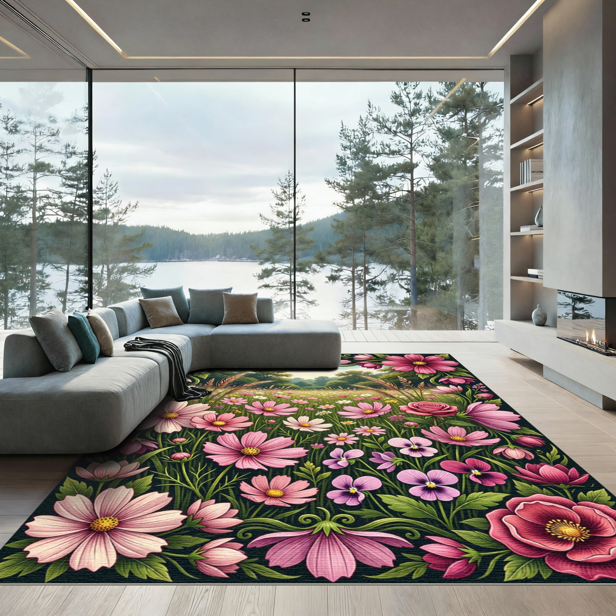 Pink Garden Floral Meadow Scape Rug