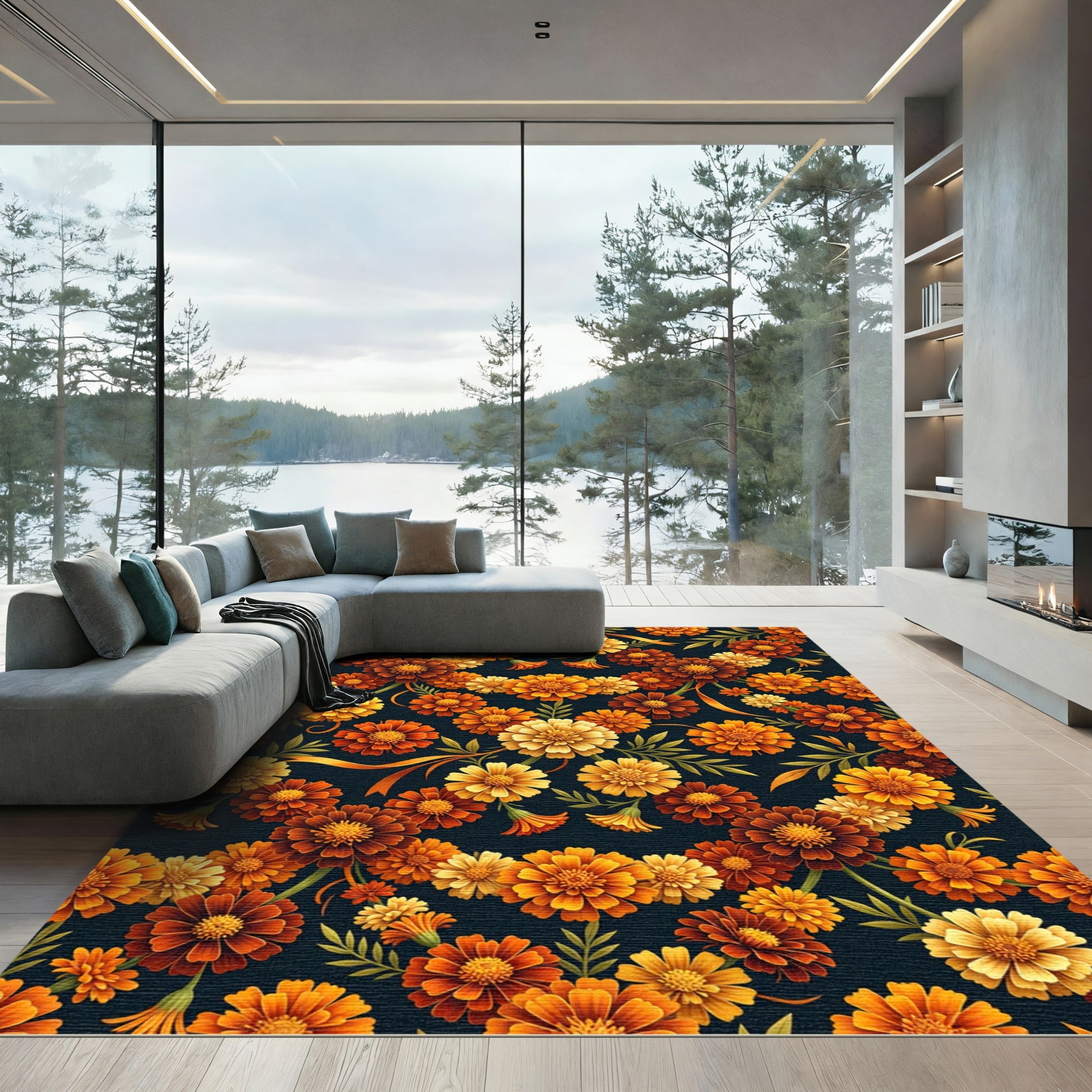 Golden Marigold Floral Autumn Meadow Rug