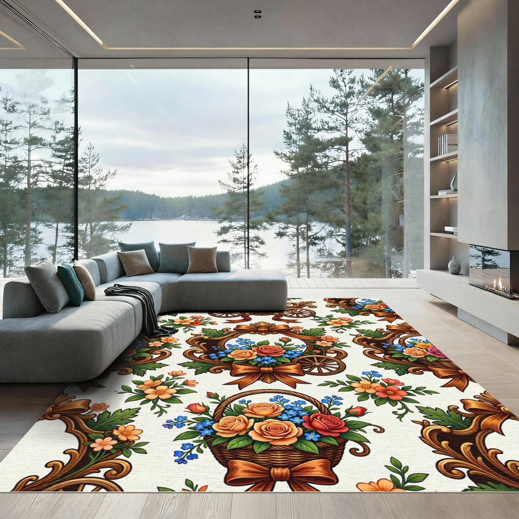 Ornate Floral Basket Wagon Motif Rug