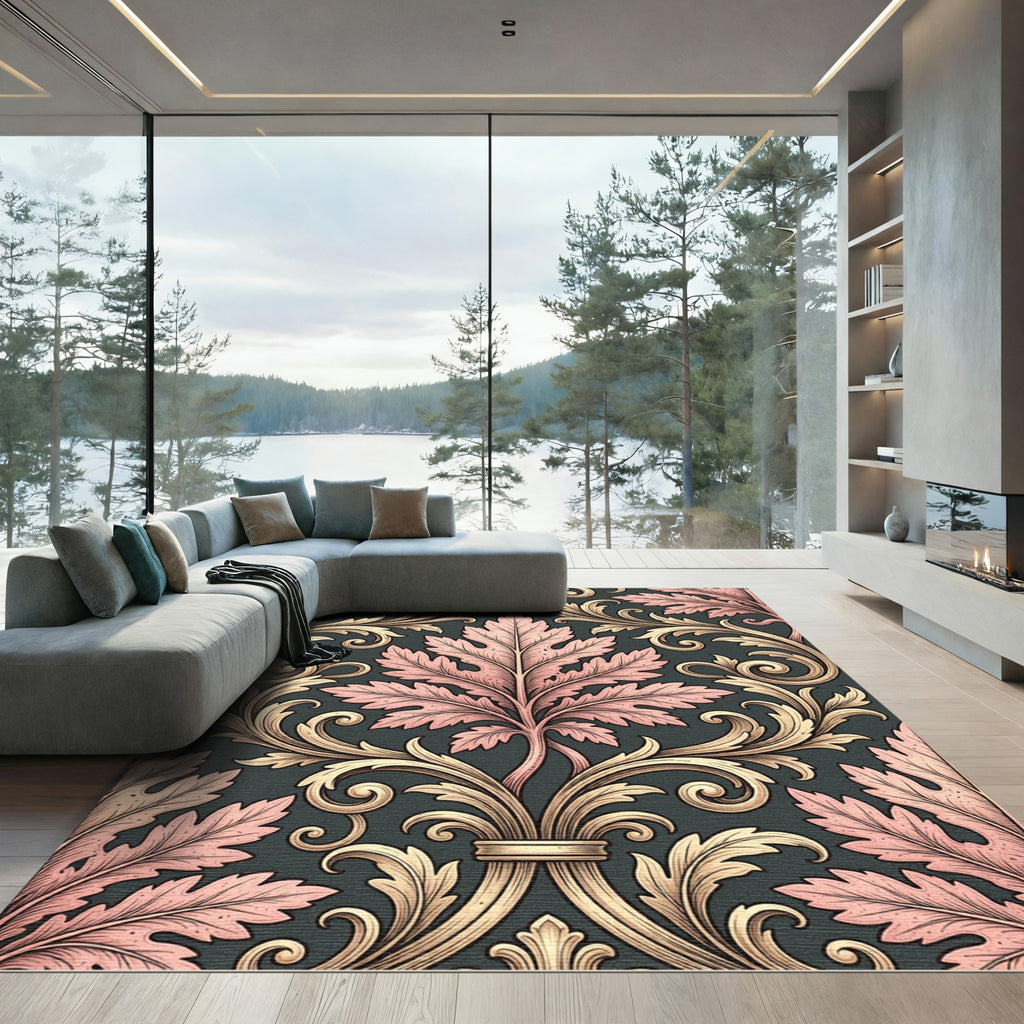 Ornate Pink Acanthus Leaf Scroll Rug