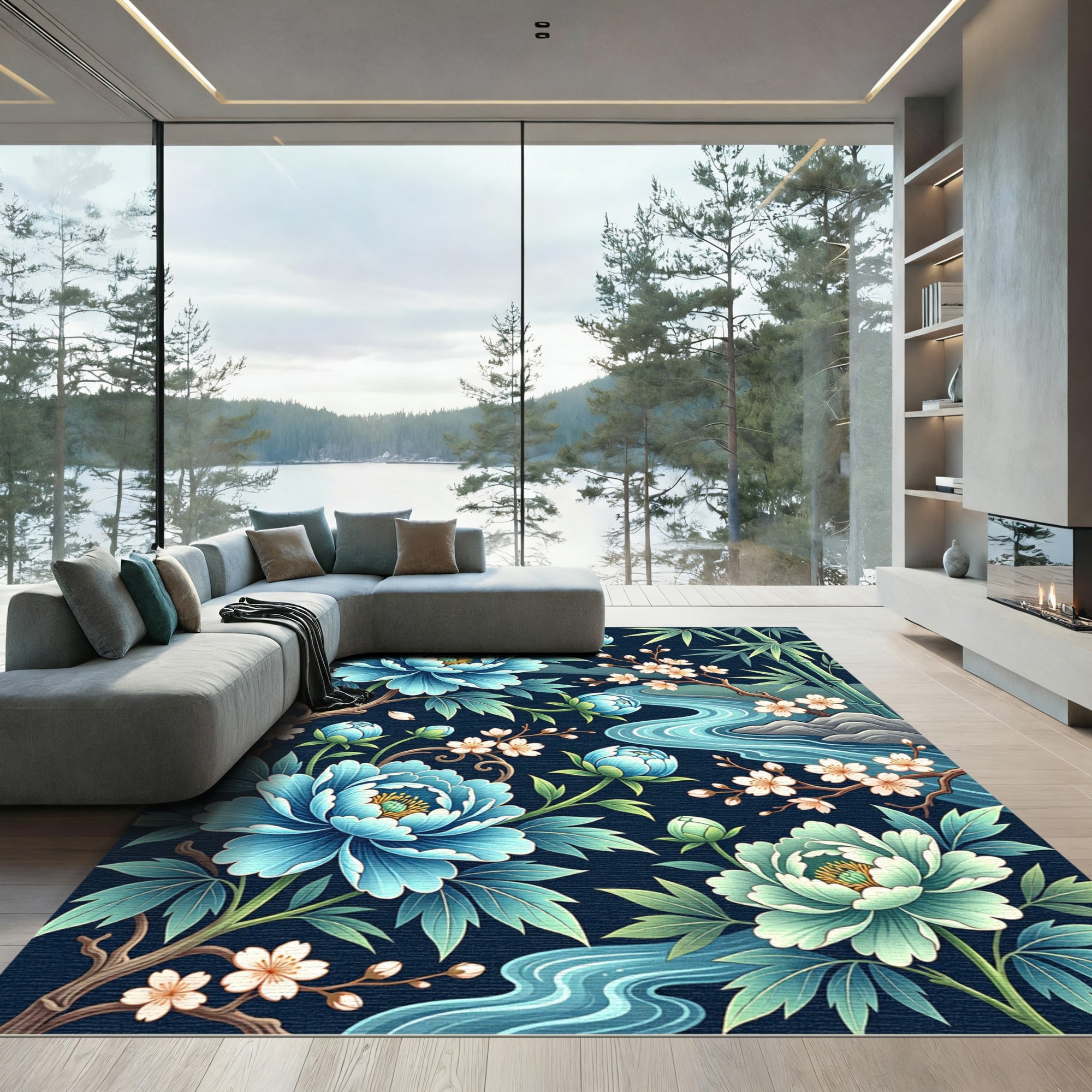 Blue Peony Bamboo Stream Floral Rug
