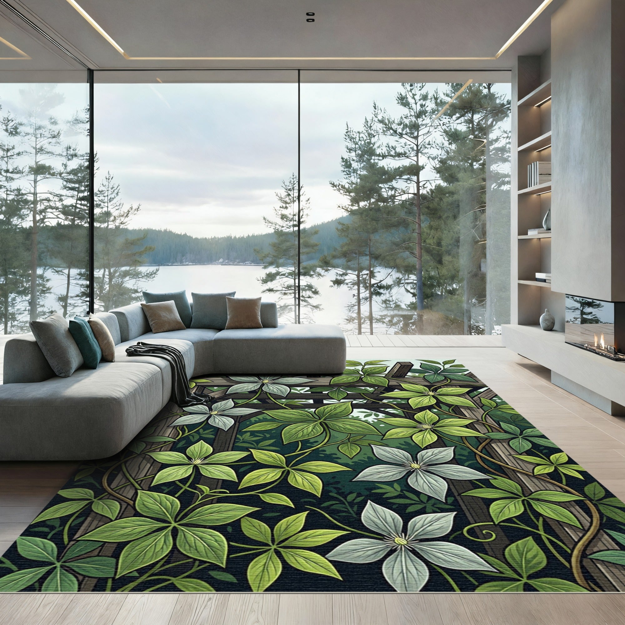 Botanical Clematis Trellis Sage Verdant Rug