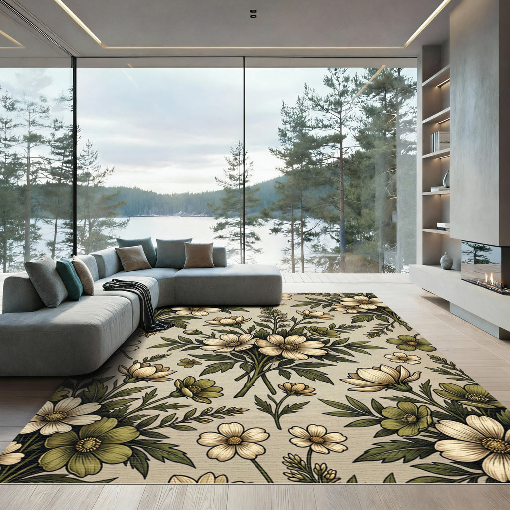 Vintage Sage Cream Floral Botanical Meadow Rug