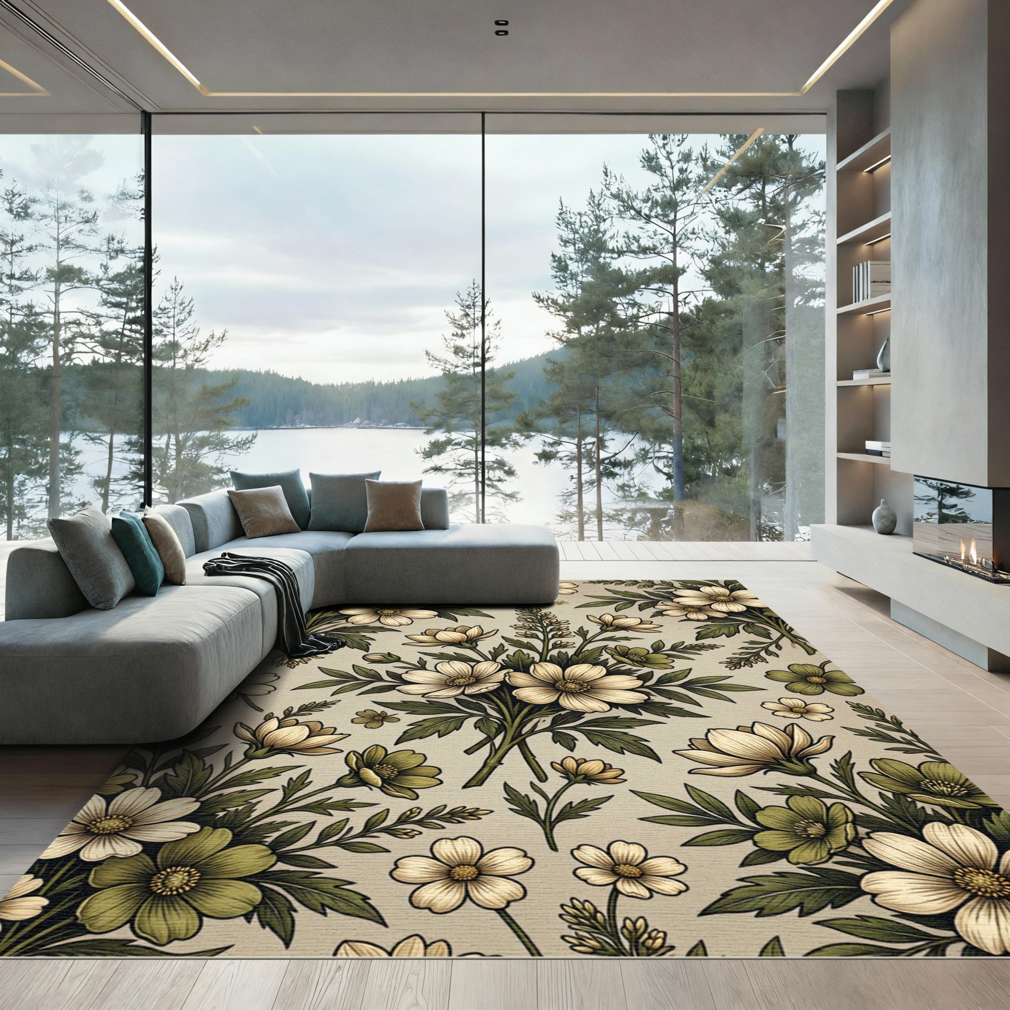 Vintage Sage Cream Floral Botanical Meadow Rug