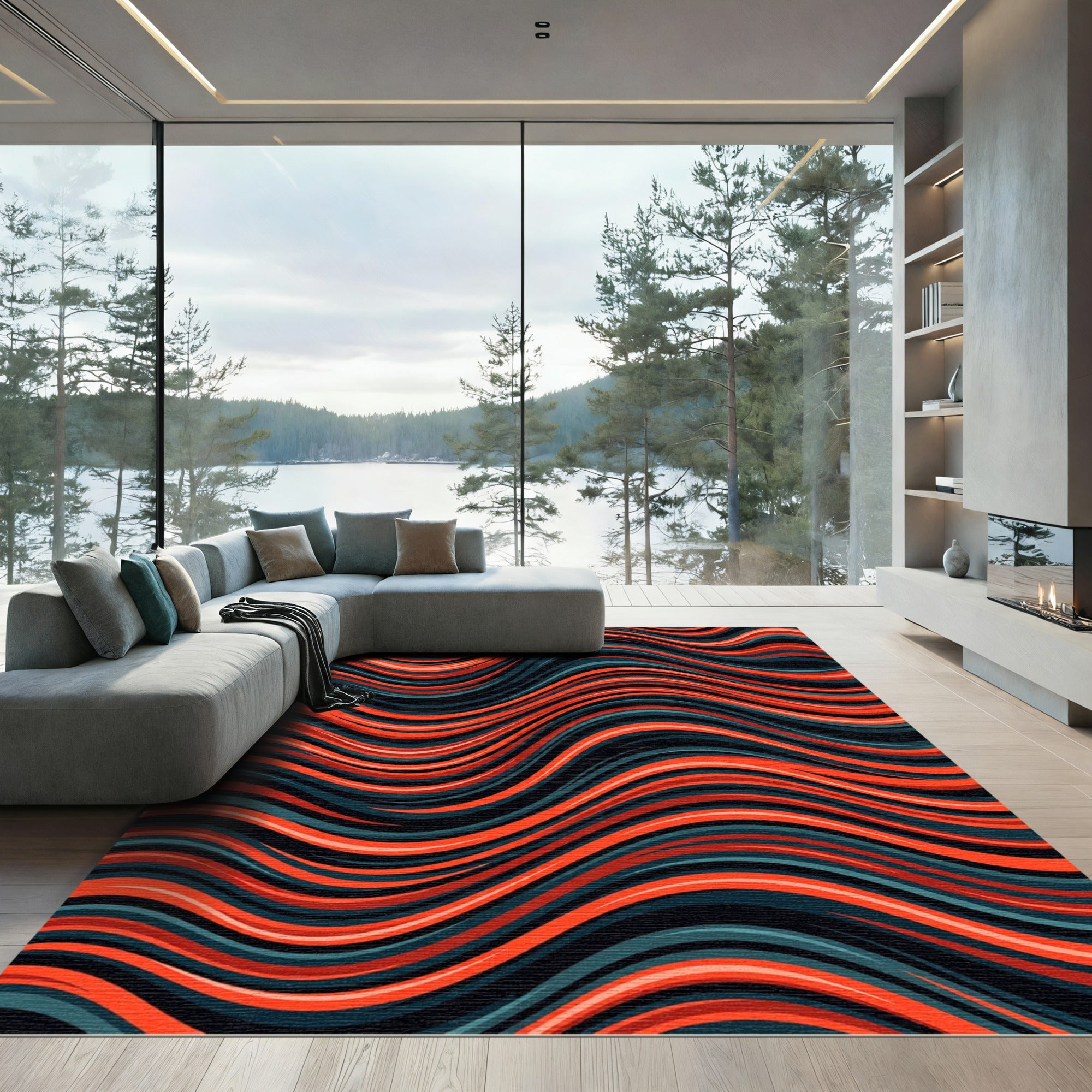 Modern Red and Teal Wavy Stripes Rug