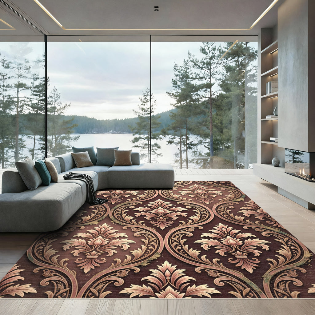 Damask Chocolate and Rose Gold Scroll Rug