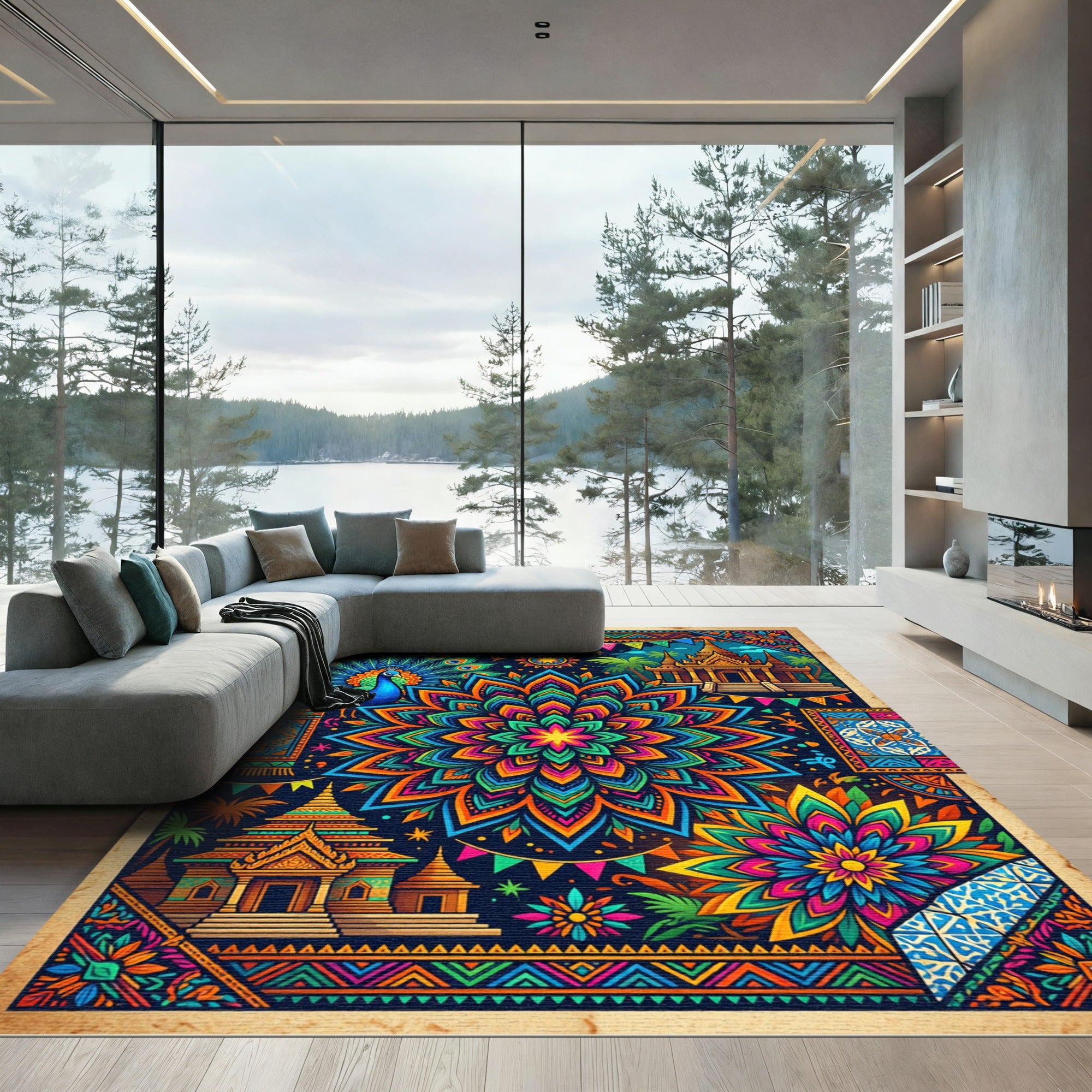 Vibrant Teal Peacock Mandala Temple Rug