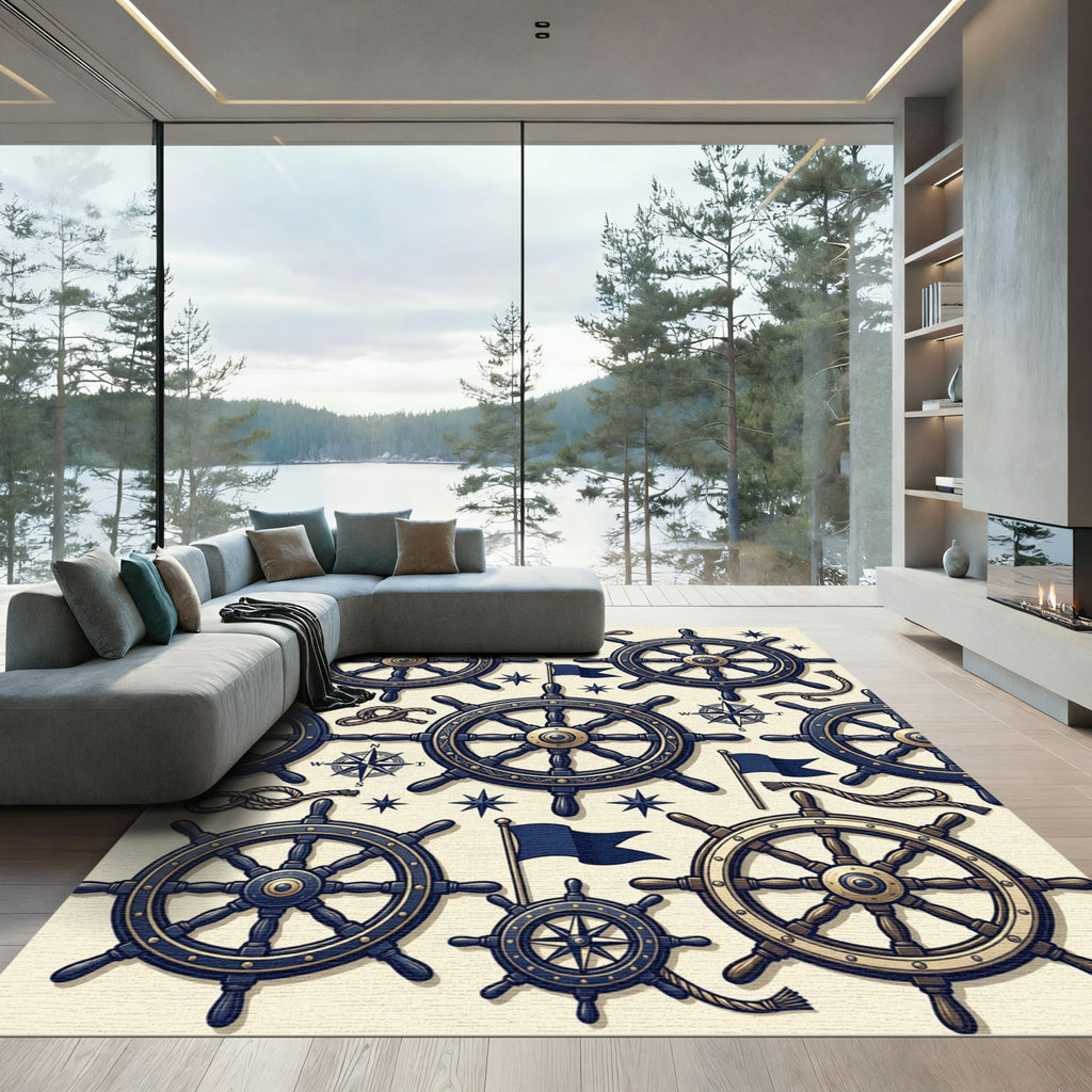 Nautical Navy Gold Compass Ship Wheel Rug