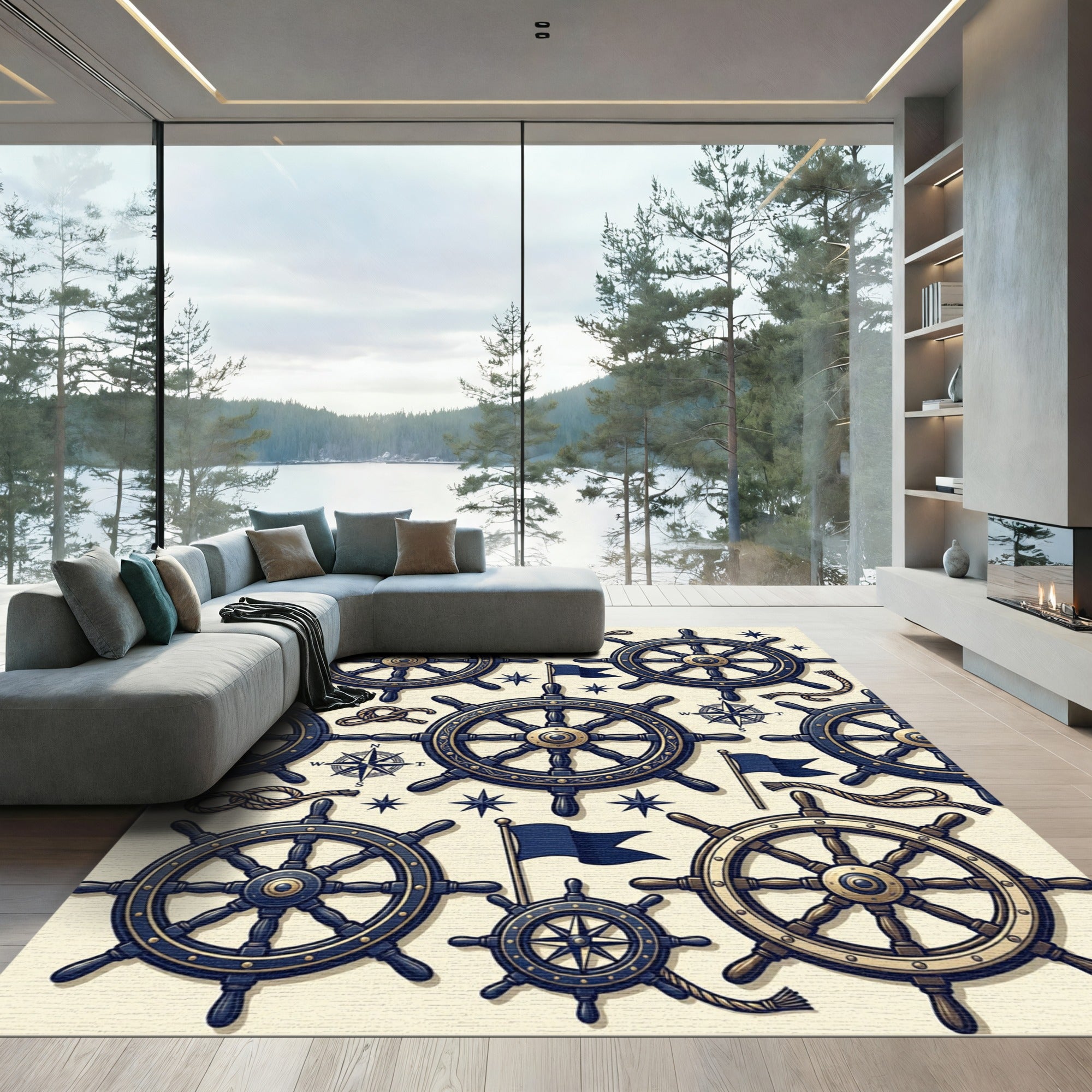 Nautical Navy Gold Compass Ship Wheel Rug