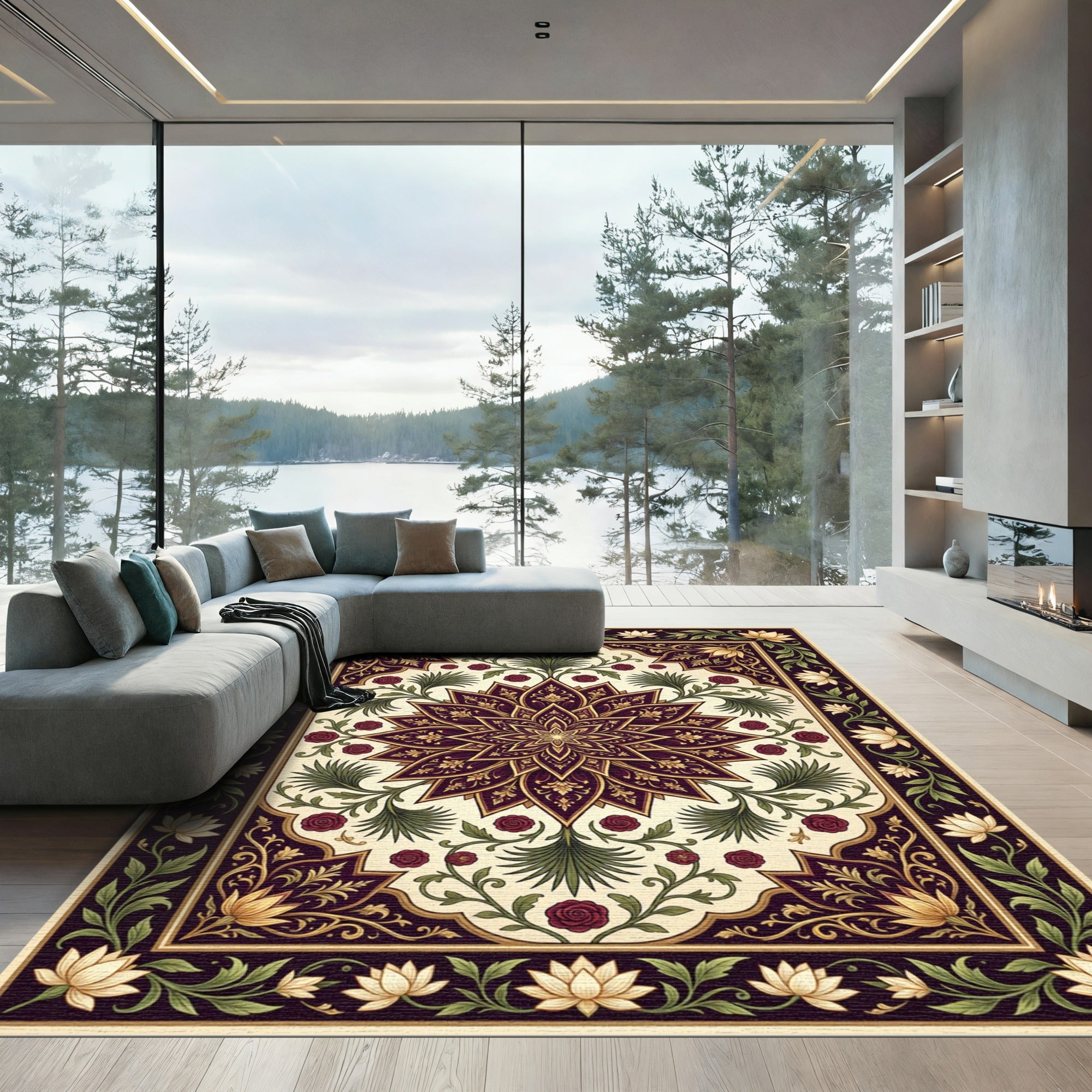 Ornate Floral Medallion Burgundy Ivory Rug