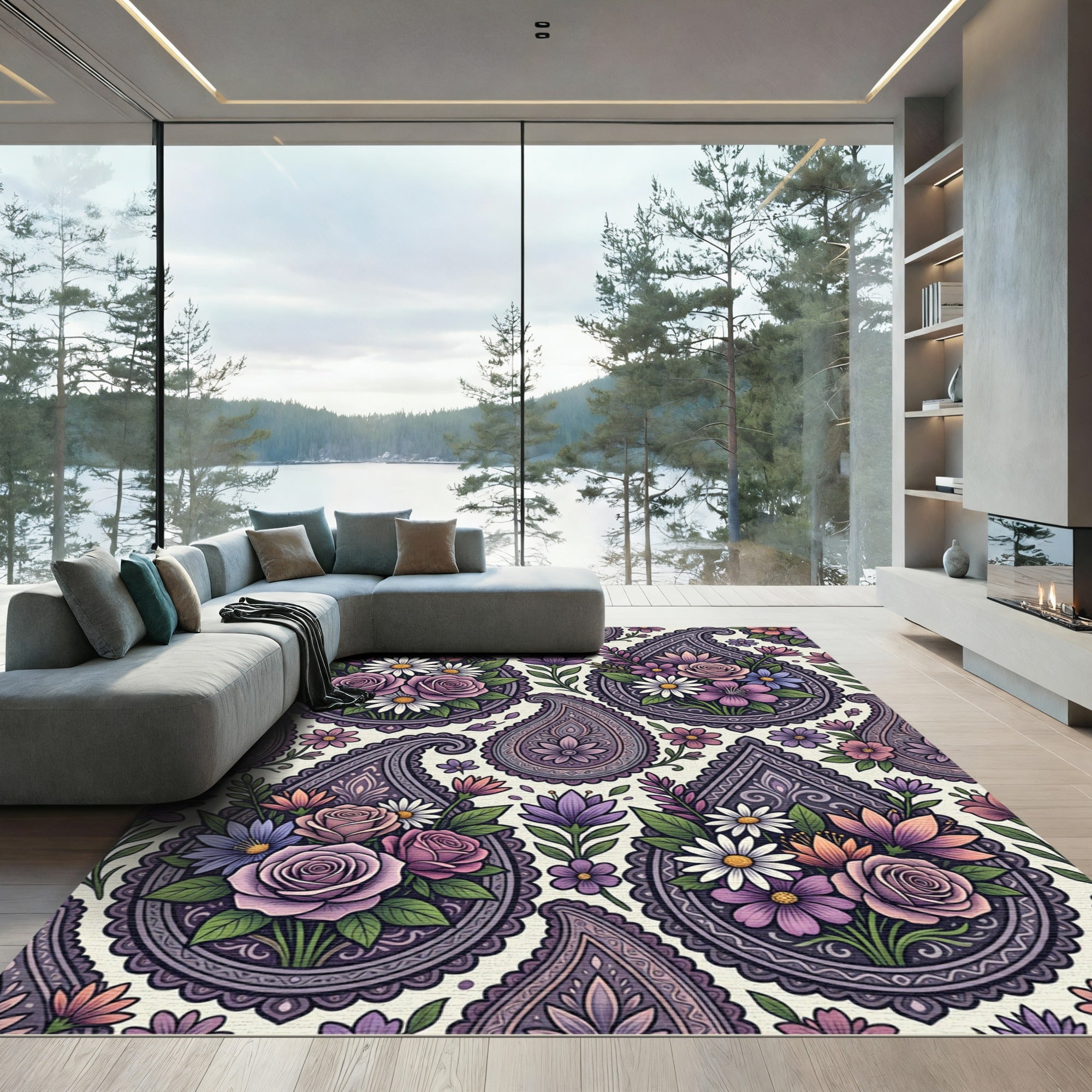Elegant Lavender Floral Paisley Medallion Rug