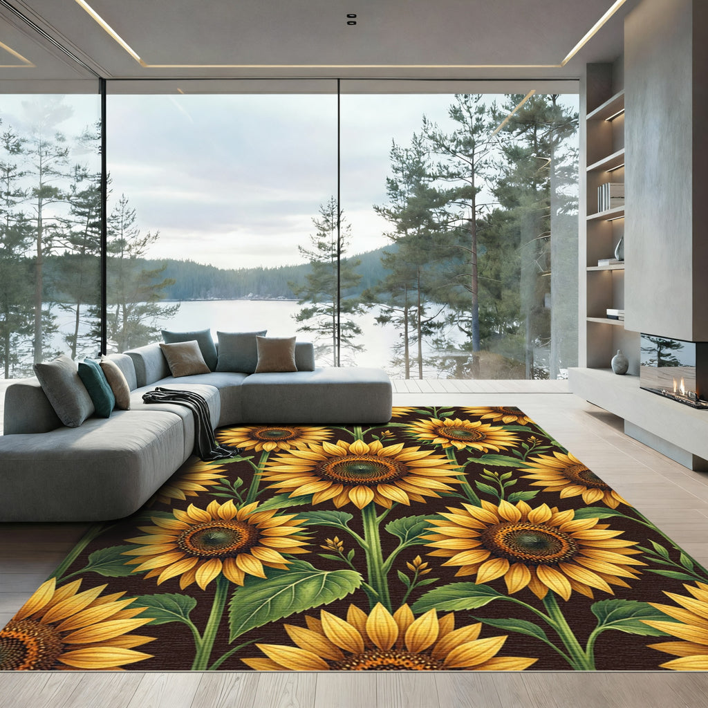 Golden Sunflower Field Botanical Art Rug