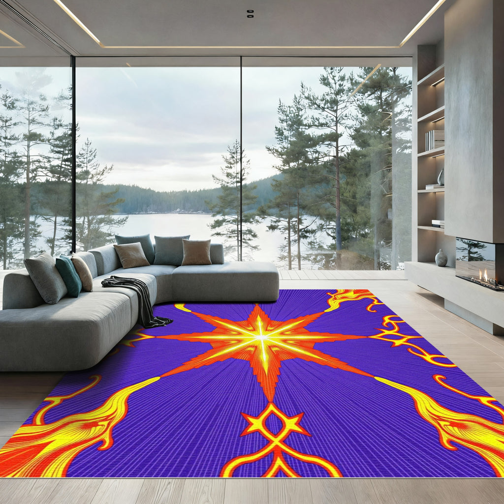 Vibrant Orange Starburst Yellow Flames Rug