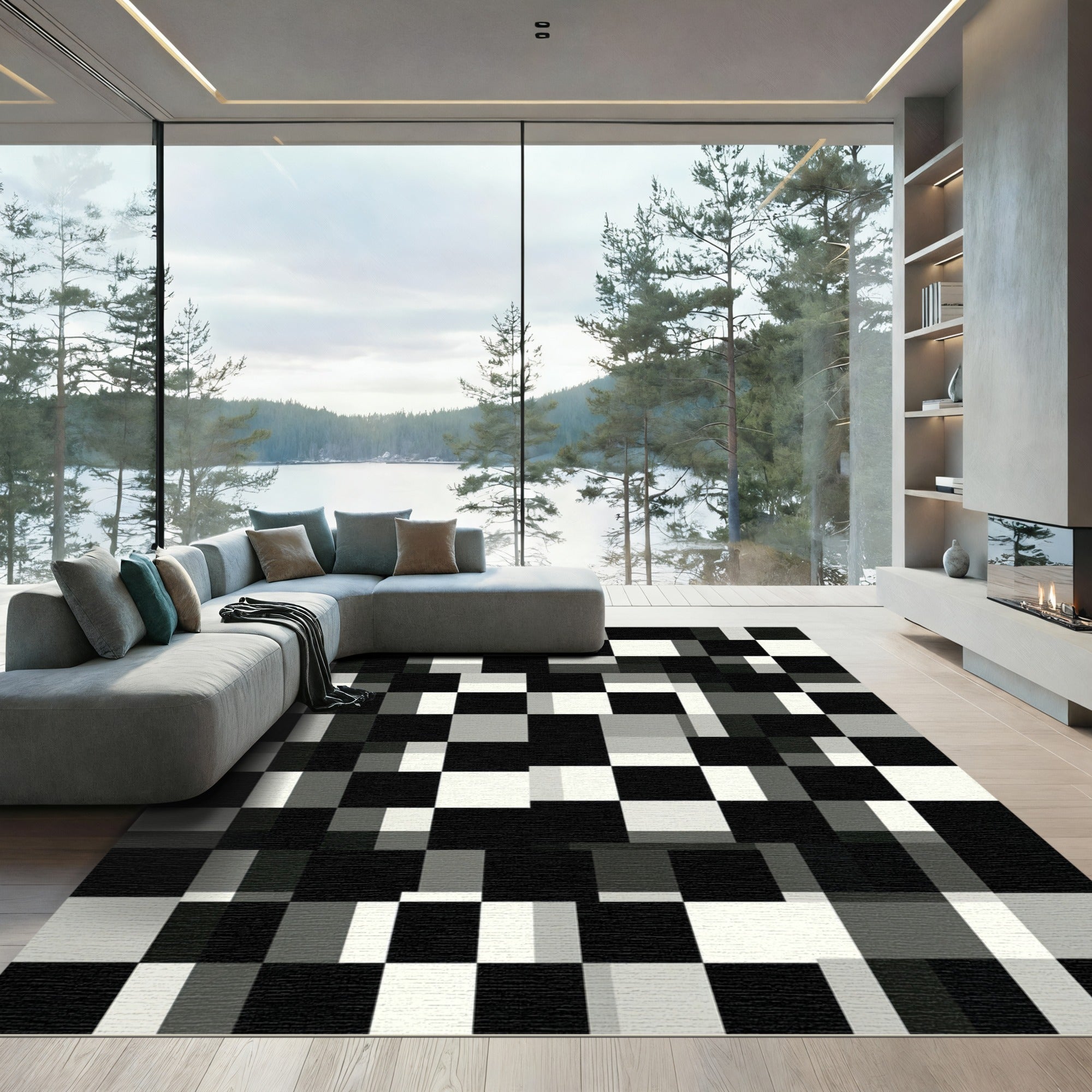 Black White Gray Block Chessboard Rug