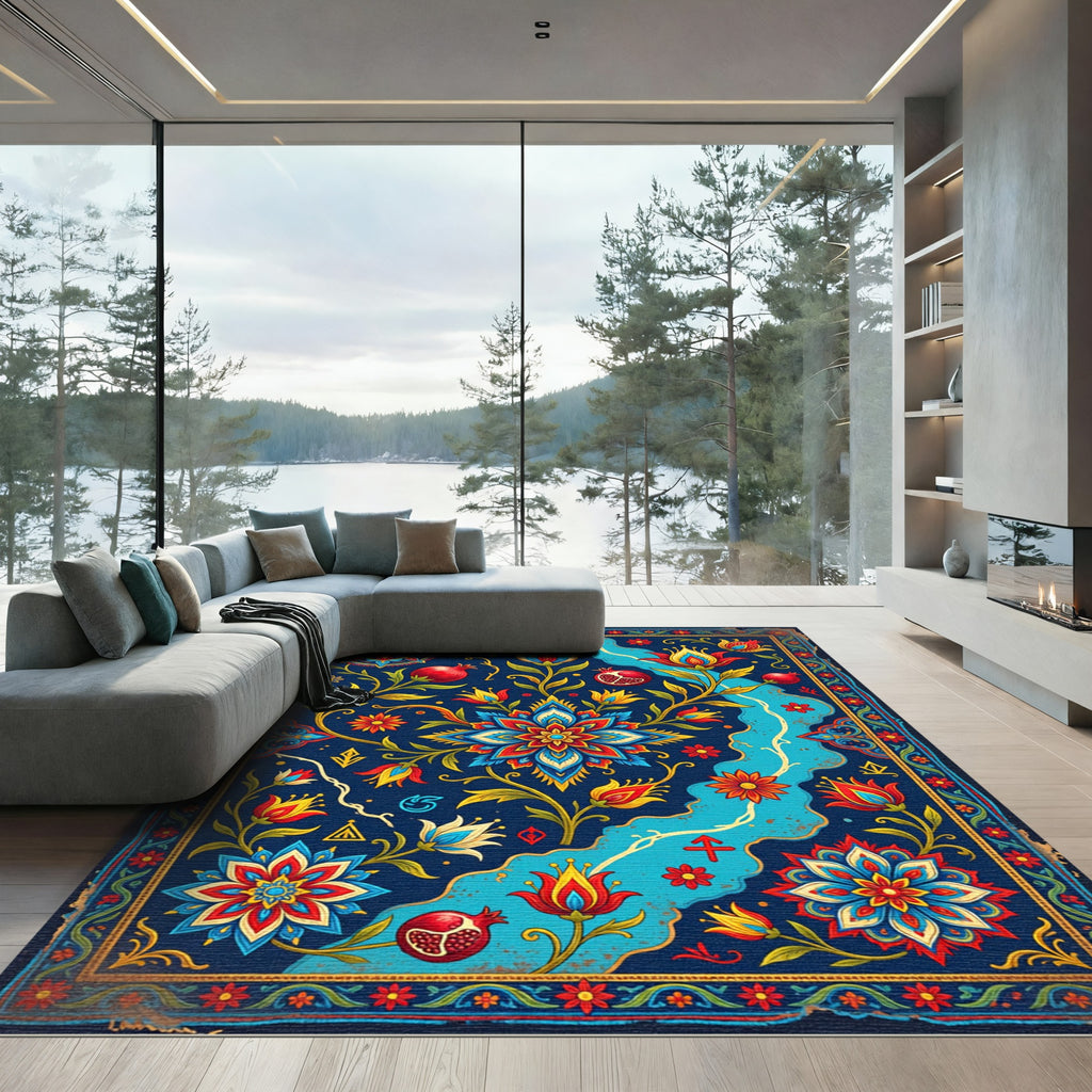 Midnight Floral Pomegranate Botanical Medallion Rug