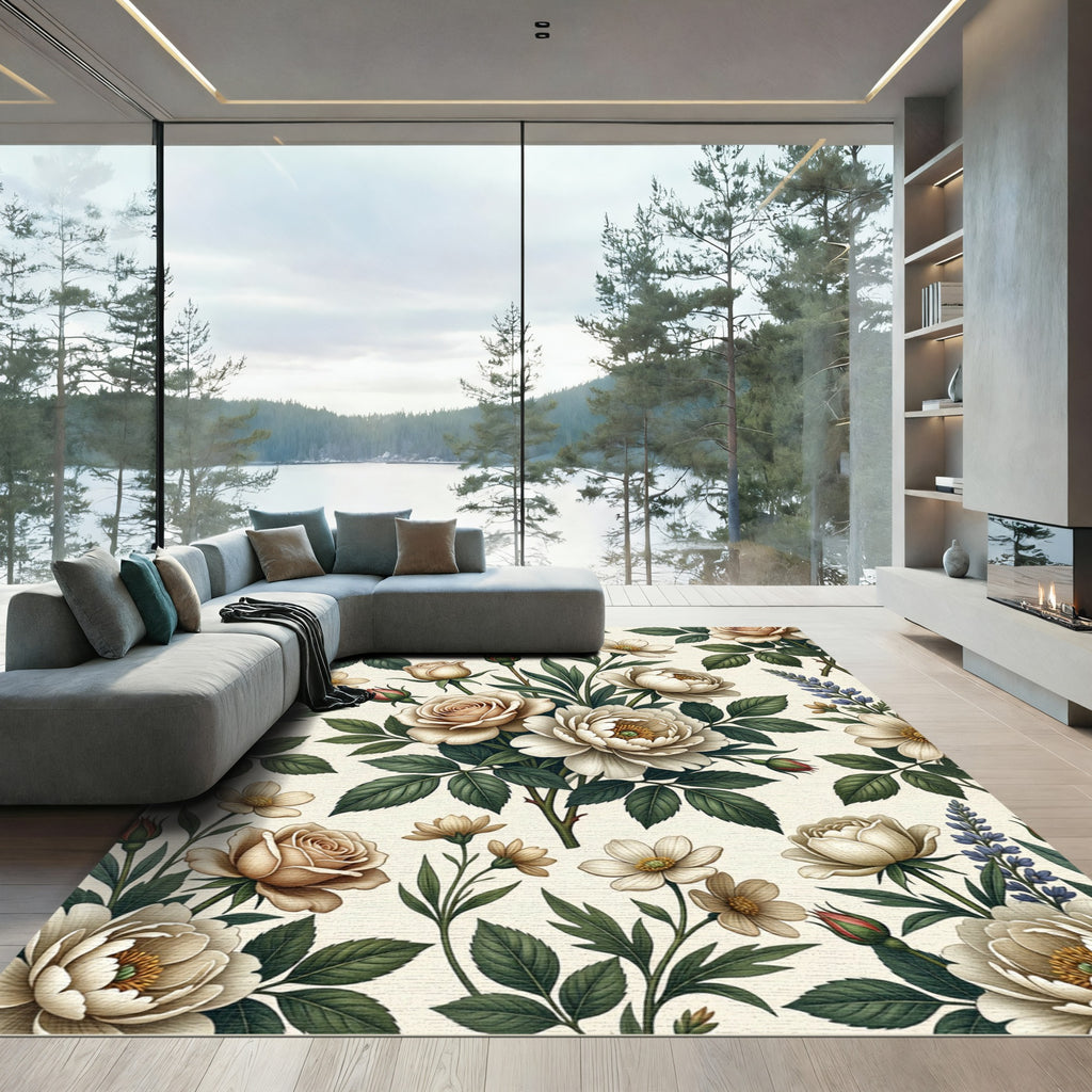 Cream Rose Botanical Garden Arrangement Rug