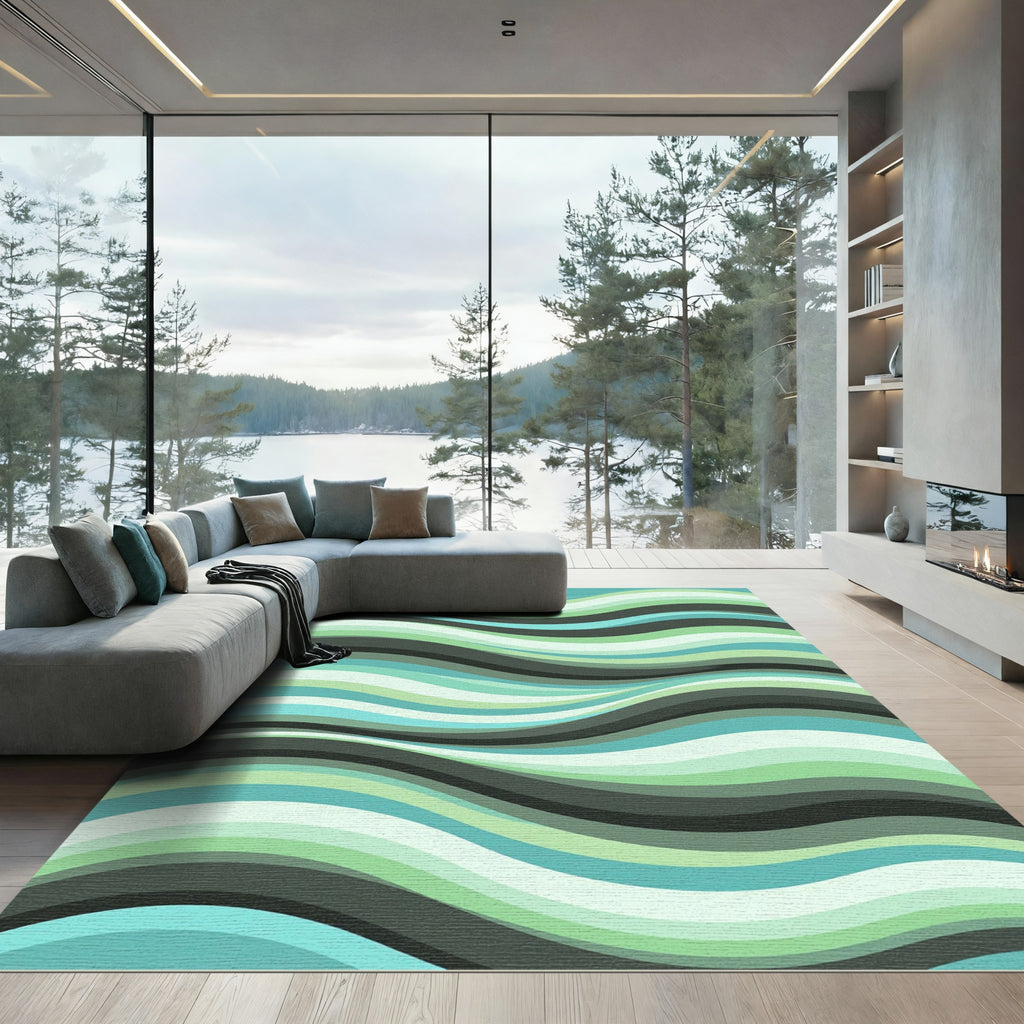 Cool Aqua Green Swirl Waves Rug