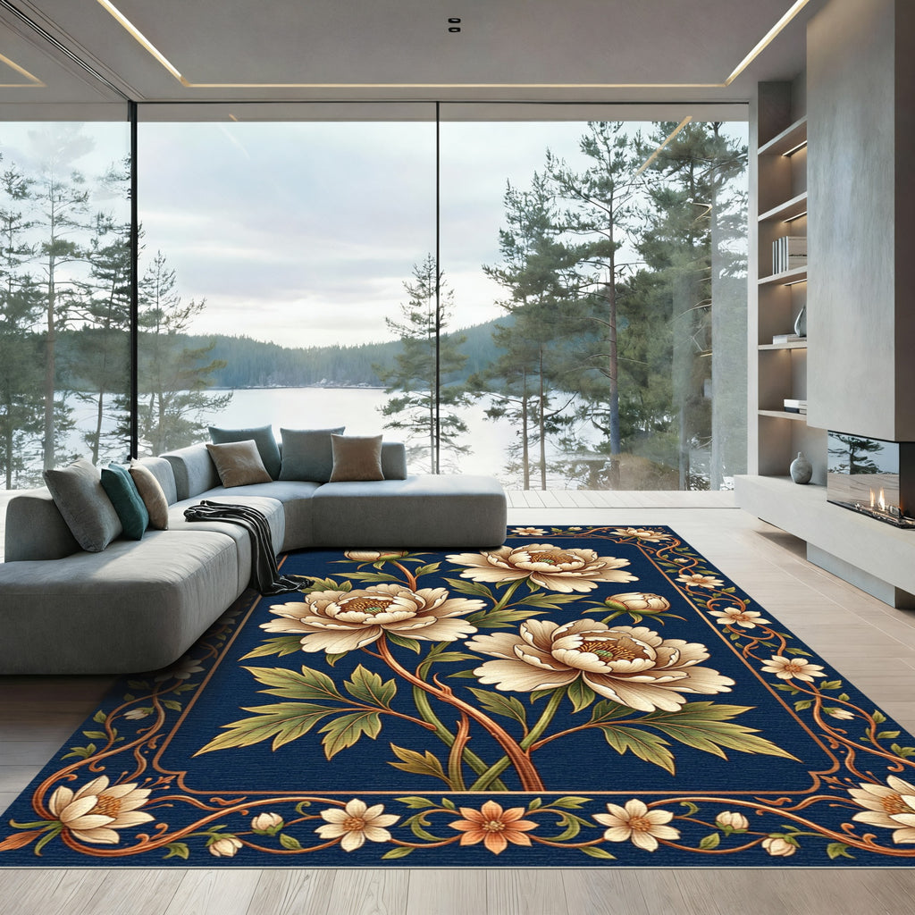 Elegant Cream Peony Navy Rectangular Frame Rug