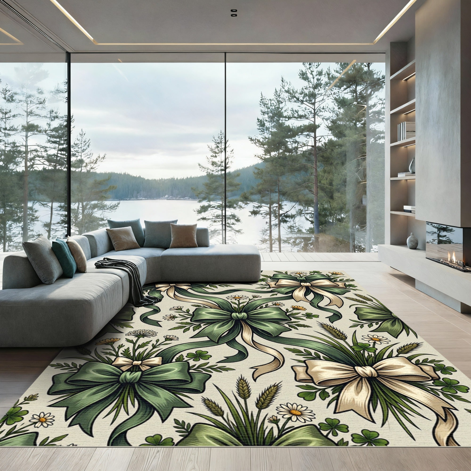 Sage Green Ribbon and Daisy Meadow Rug